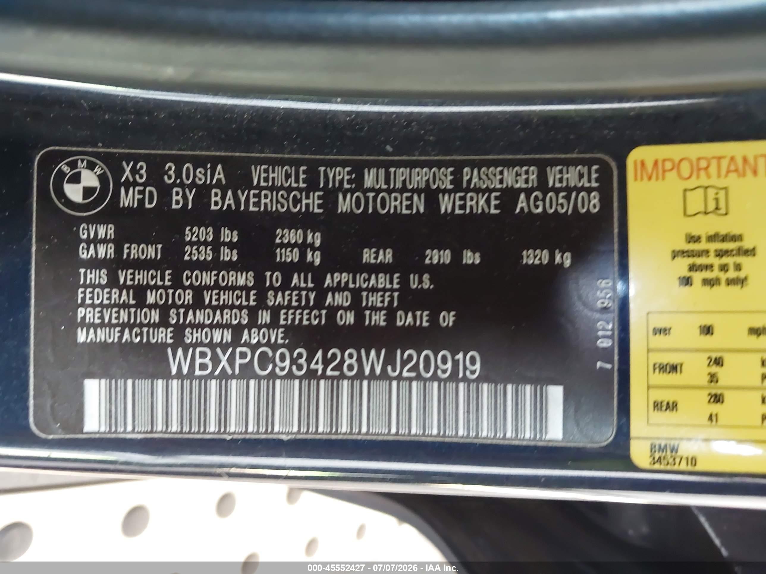2008 Bmw X3 3.0si Dark Blue vin: WBXPC93428WJ20919