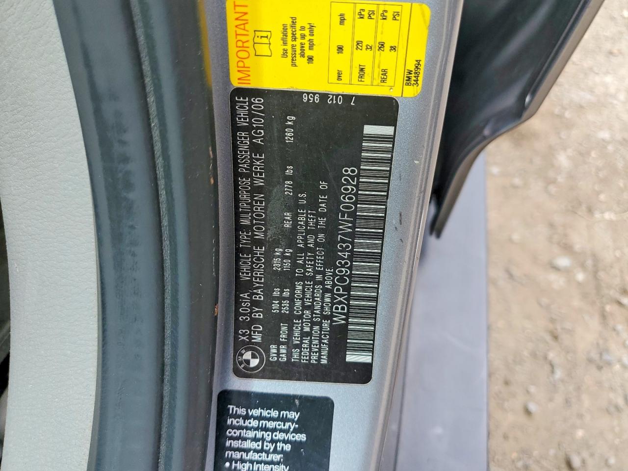 2007 Bmw X3 3.0si Серый vin: WBXPC93437WF06928