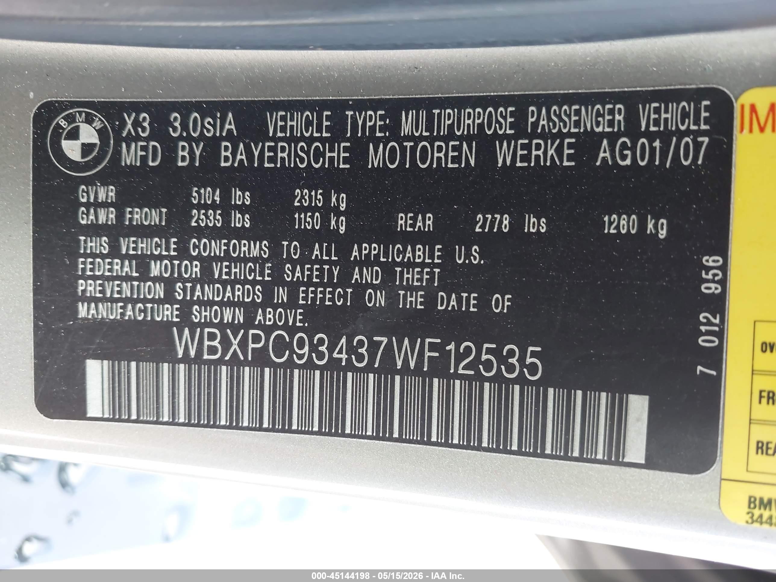 2007 Bmw X3 3.0si Gray vin: WBXPC93437WF12535