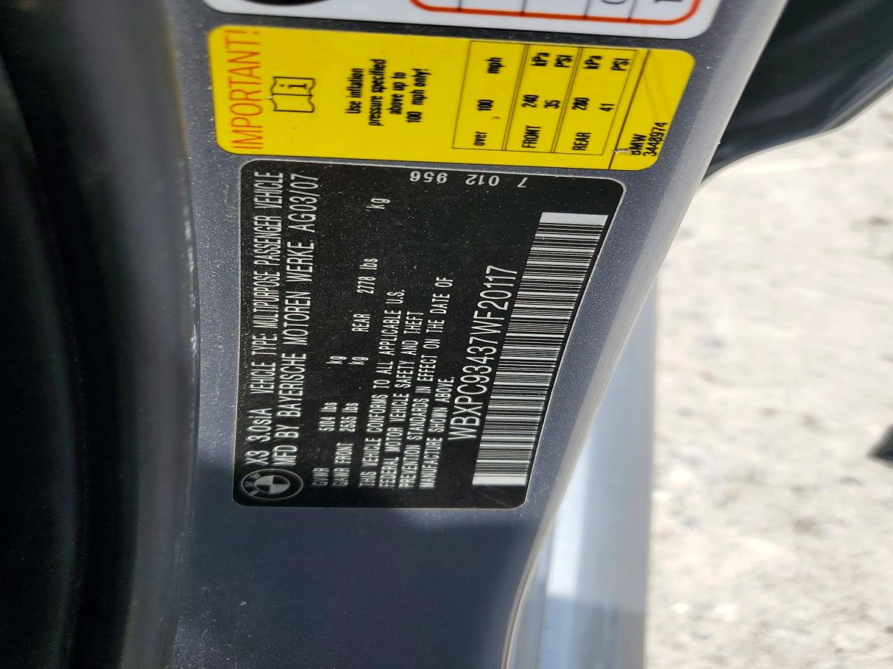 2007 Bmw X3 3.0si Silver vin: WBXPC93437WF20117