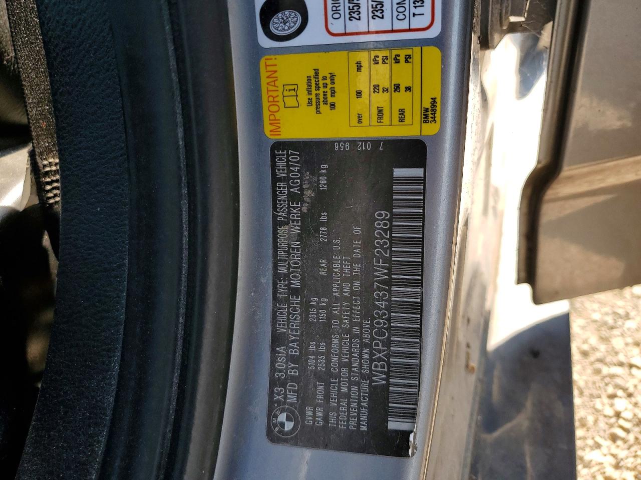 2007 Bmw X3 3.0si Gray vin: WBXPC93437WF23289