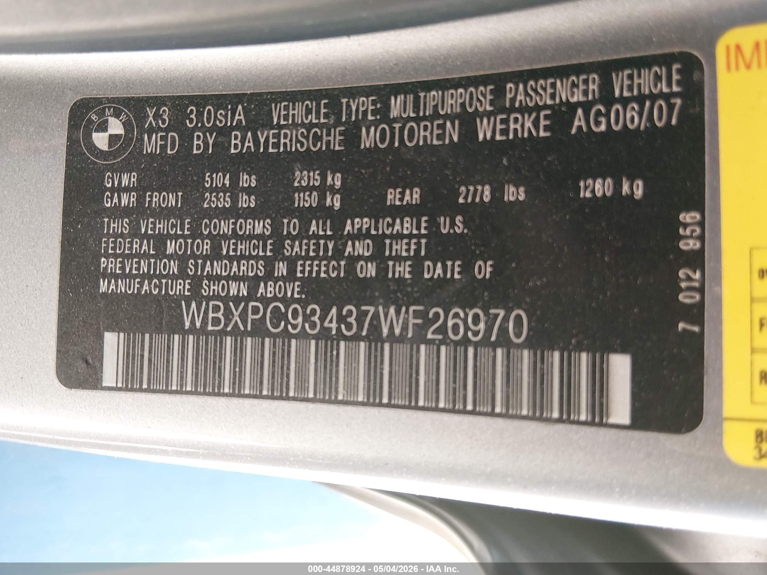 2007 Bmw X3 3.0si White vin: WBXPC93437WF26970