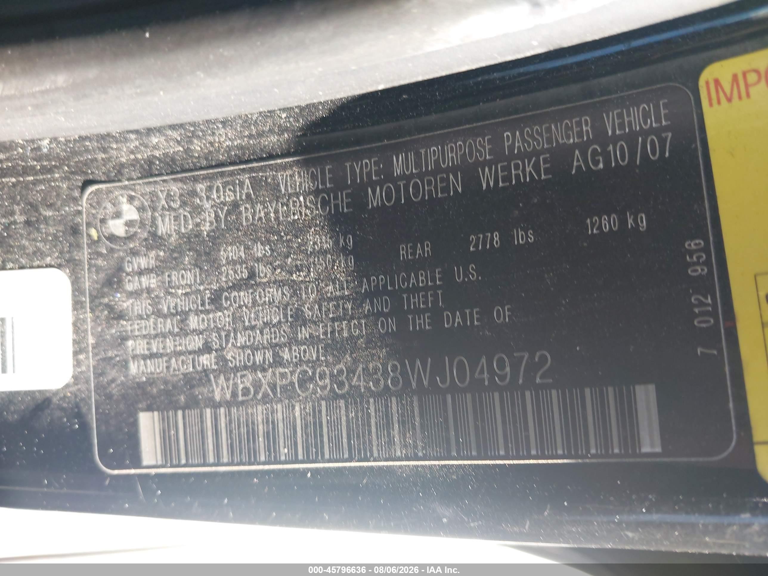 2008 Bmw X3 3.0si Black vin: WBXPC93438WJ04972