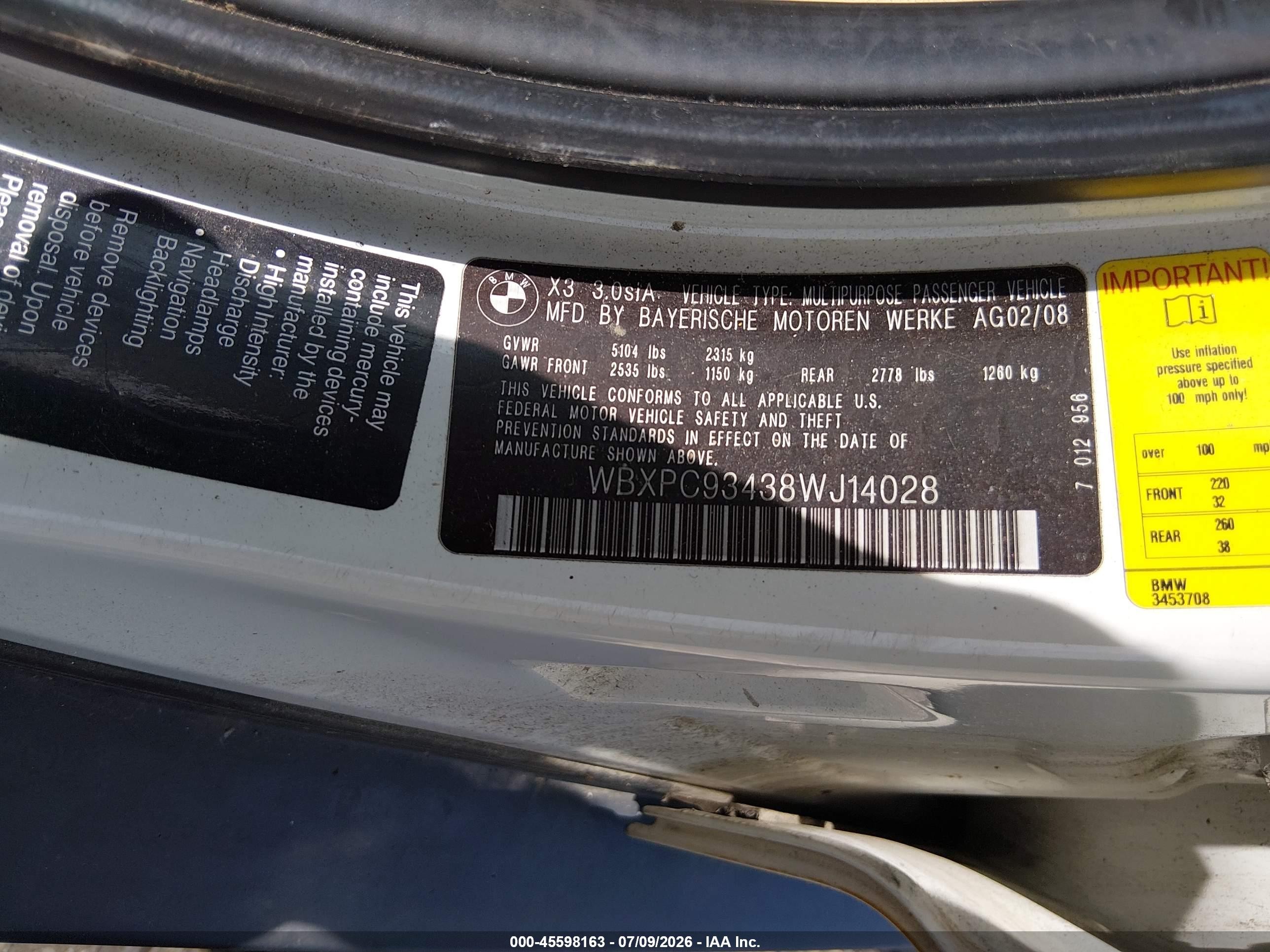 2008 Bmw X3 3.0si Белый vin: WBXPC93438WJ14028