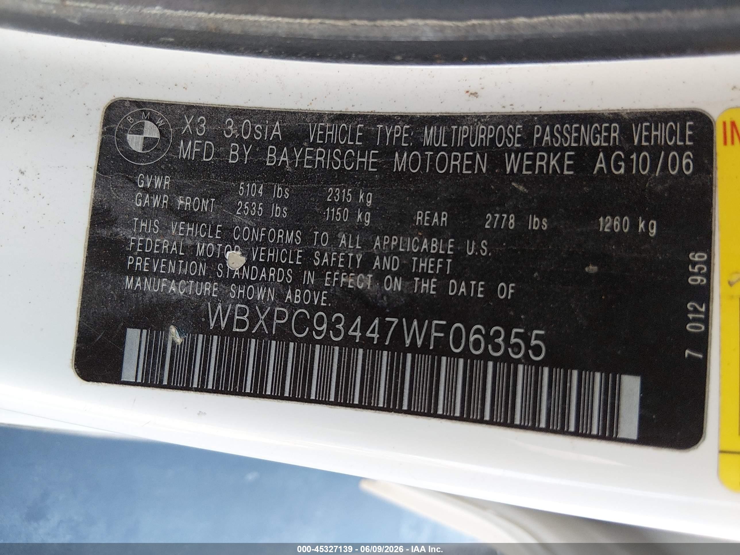2007 Bmw X3 3.0si White vin: WBXPC93447WF06355