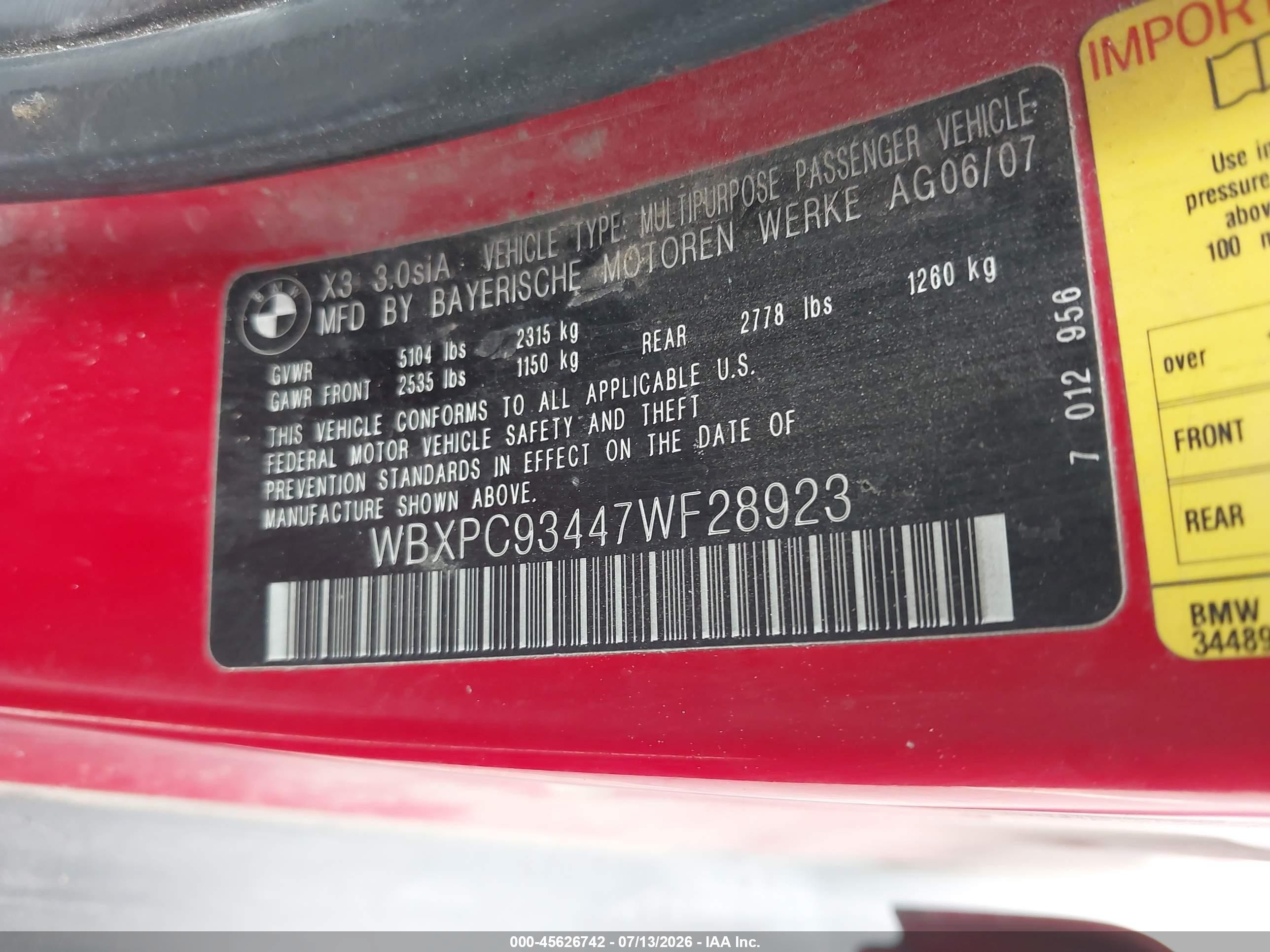 2007 Bmw X3 3.0si Red vin: WBXPC93447WF28923