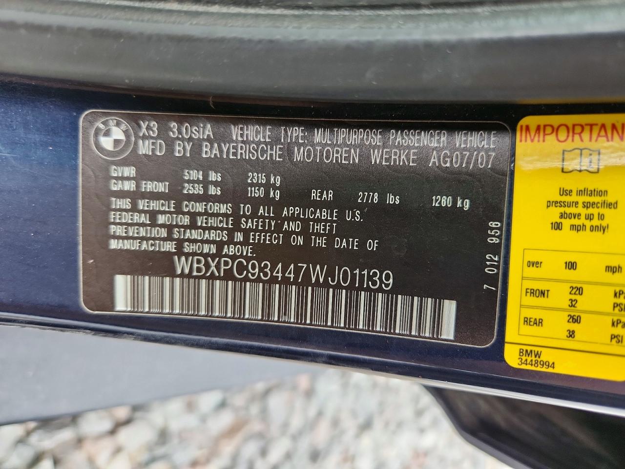 2007 Bmw X3 3.0si Blue vin: WBXPC93447WJ01139