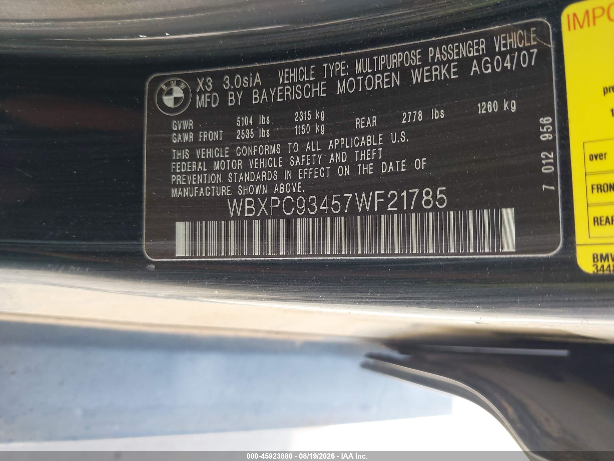 2007 Bmw X3 3.0si Black vin: WBXPC93457WF21785