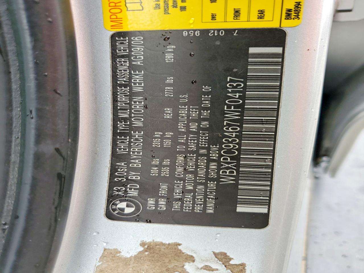 2007 Bmw X3 3.0si Silver vin: WBXPC93467WF04137