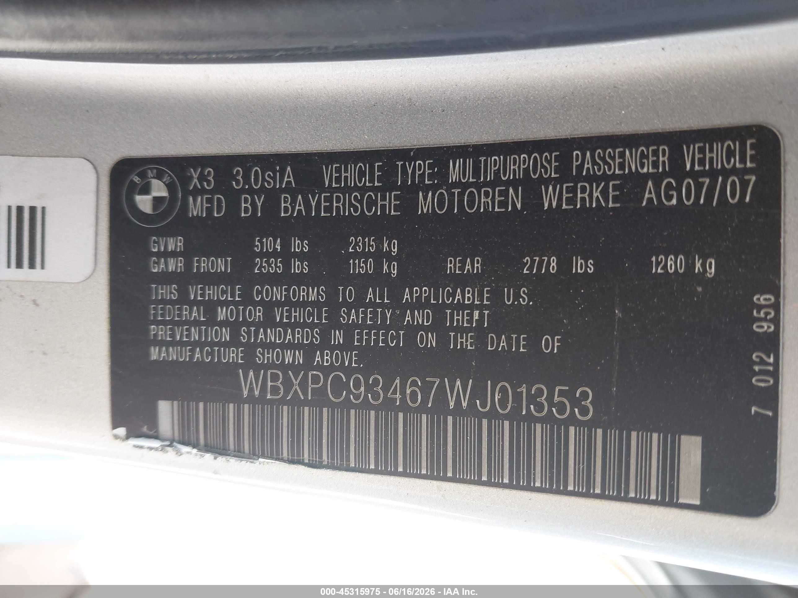 2007 Bmw X3 3.0si Silver vin: WBXPC93467WJ01353