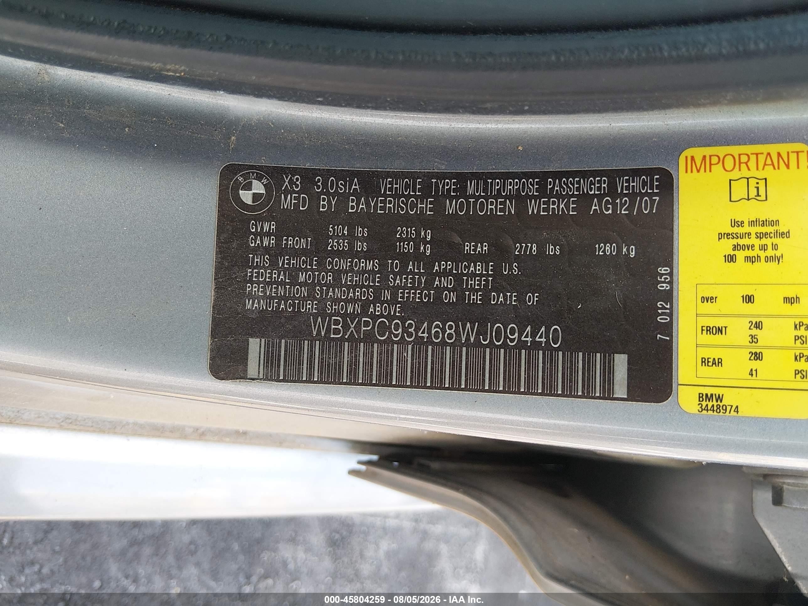 2008 Bmw X3 3.0si Серебряный vin: WBXPC93468WJ09440