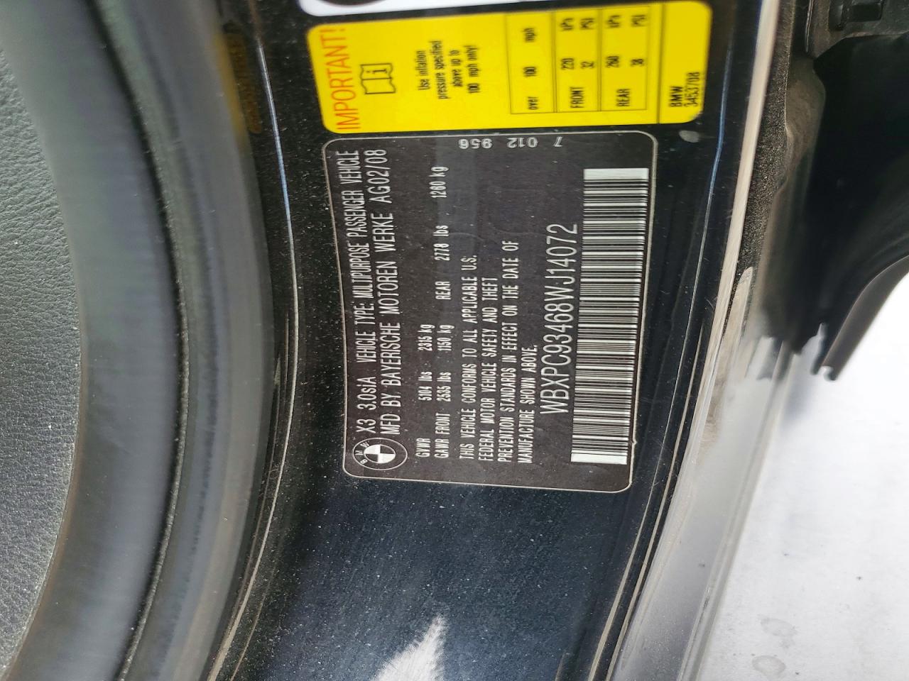 2008 Bmw X3 3.0si Черный vin: WBXPC93468WJ14072