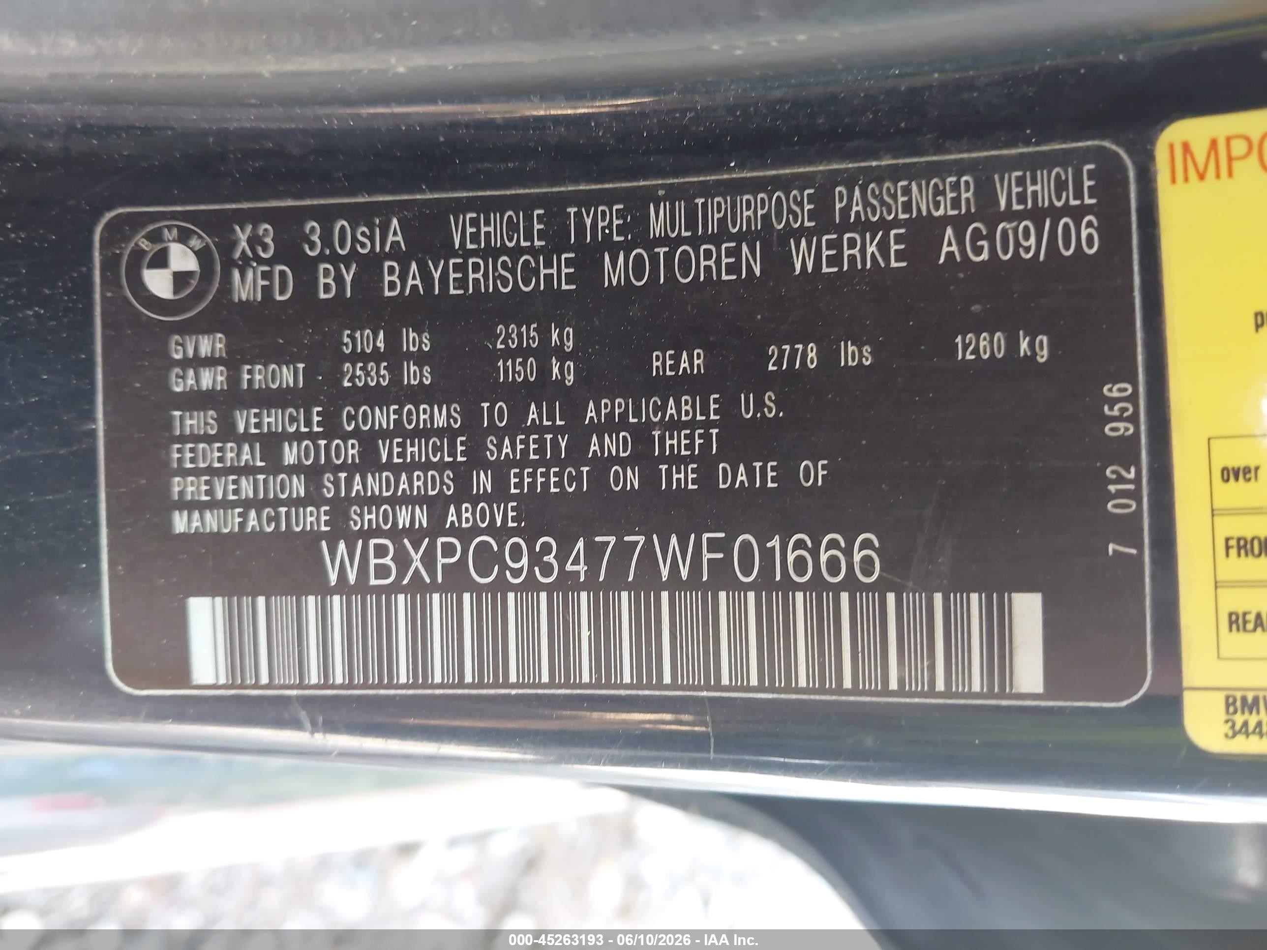2007 Bmw X3 3.0si Dark Blue vin: WBXPC93477WF01666
