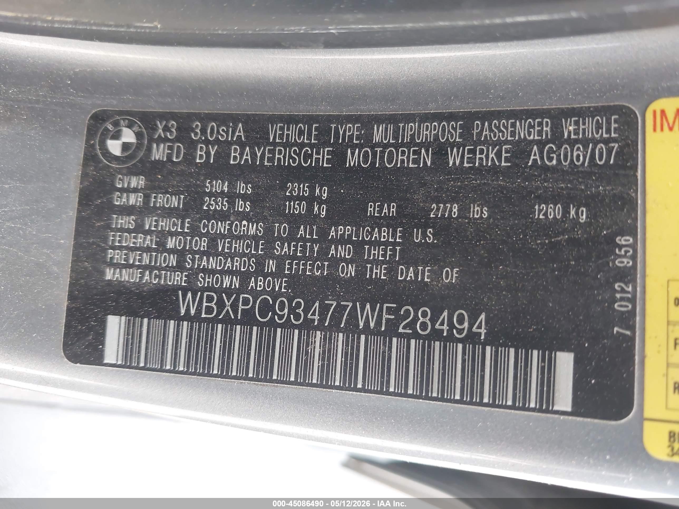 2007 Bmw X3 3.0si Gray vin: WBXPC93477WF28494