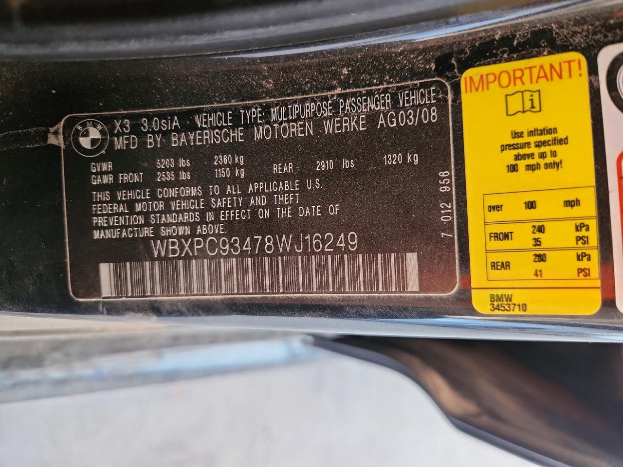 2008 Bmw X3 3.0si Black vin: WBXPC93478WJ16249