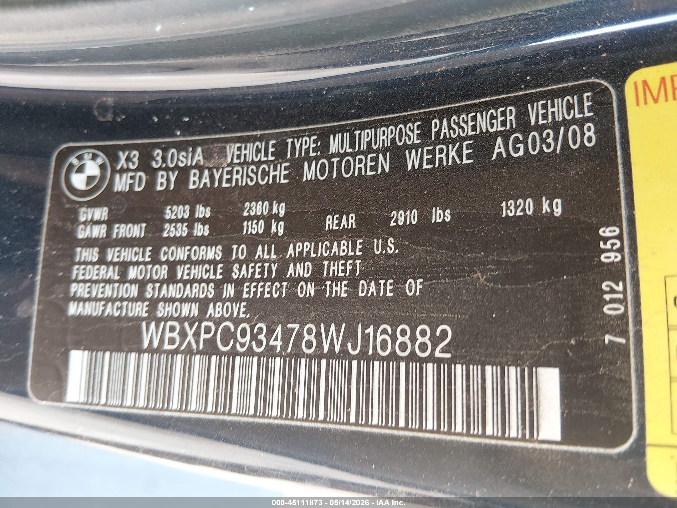 2008 Bmw X3 3.0si Dark Blue vin: WBXPC93478WJ16882