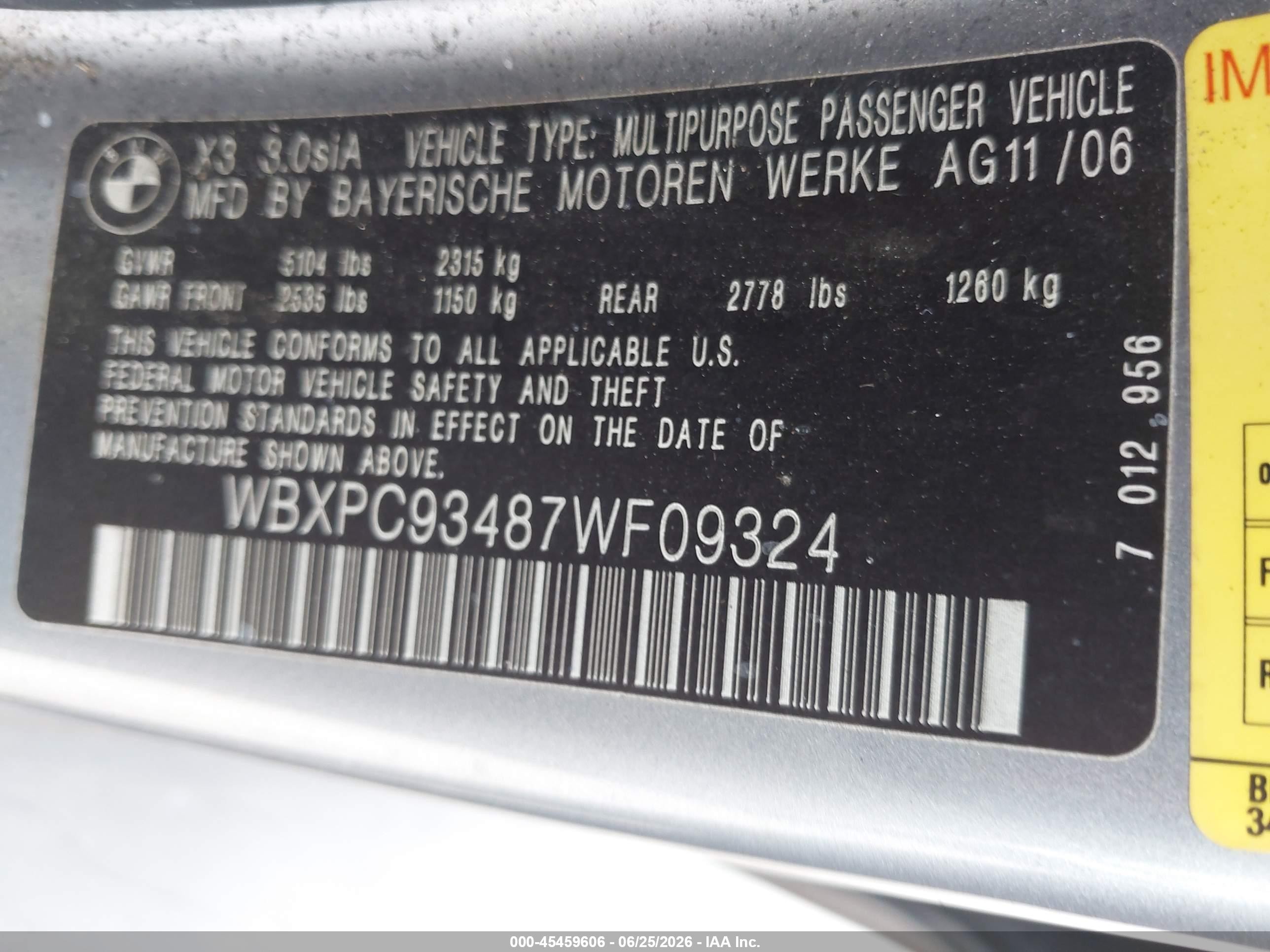 2007 Bmw X3 3.0si Gray vin: WBXPC93487WF09324