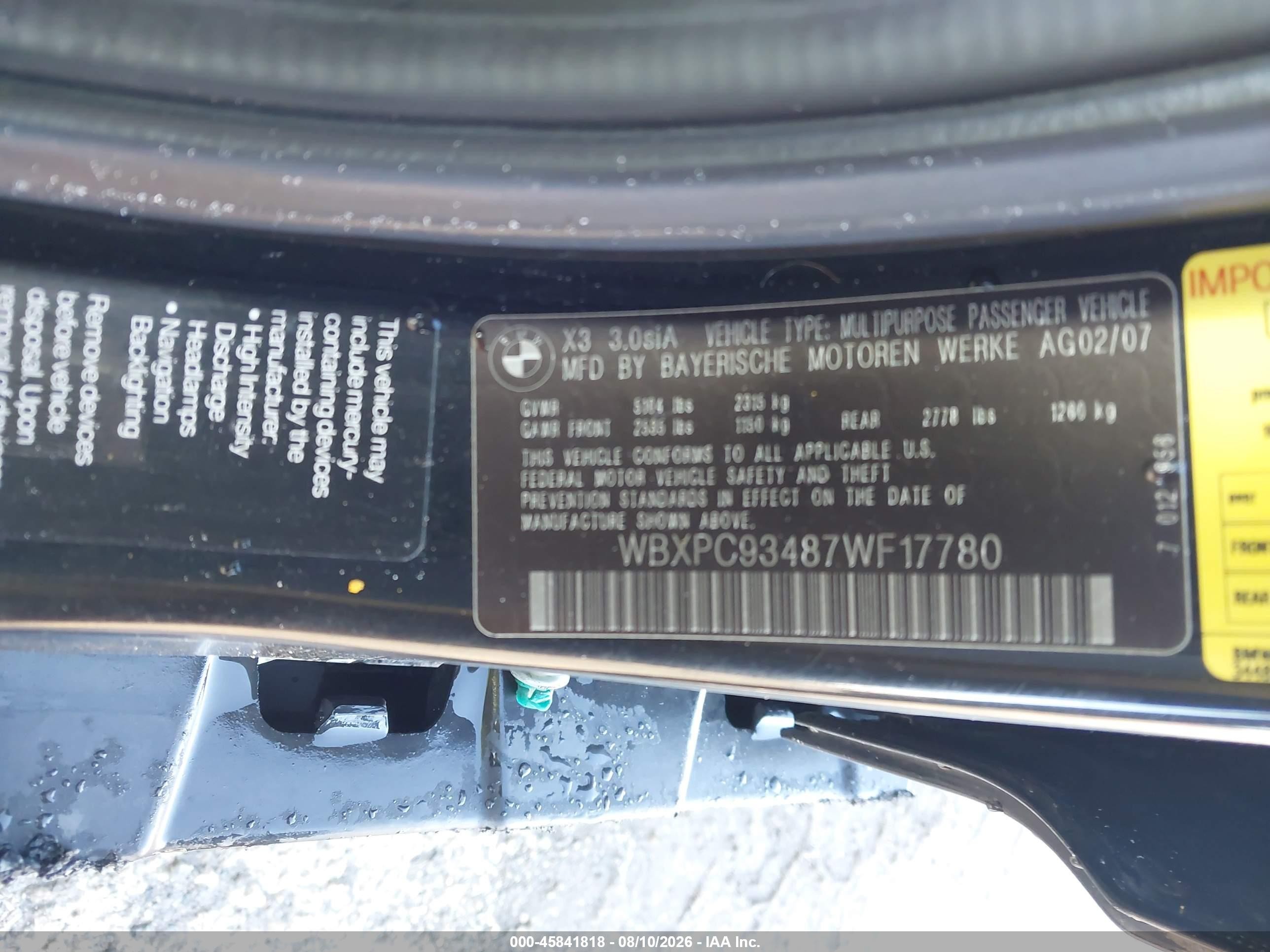 2007 Bmw X3 3.0si Black vin: WBXPC93487WF17780