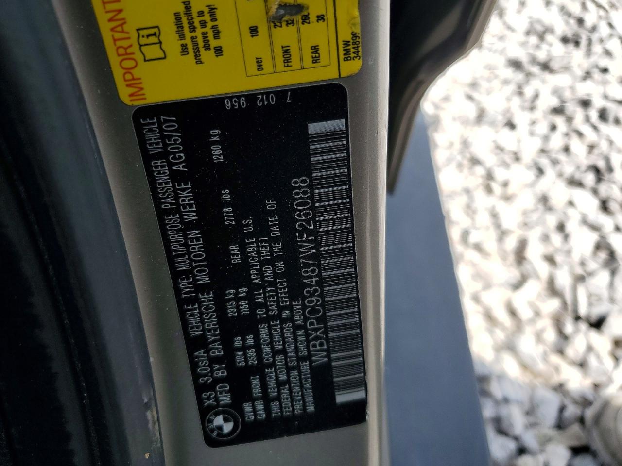 2007 Bmw X3 3.0si Gold vin: WBXPC93487WF26088