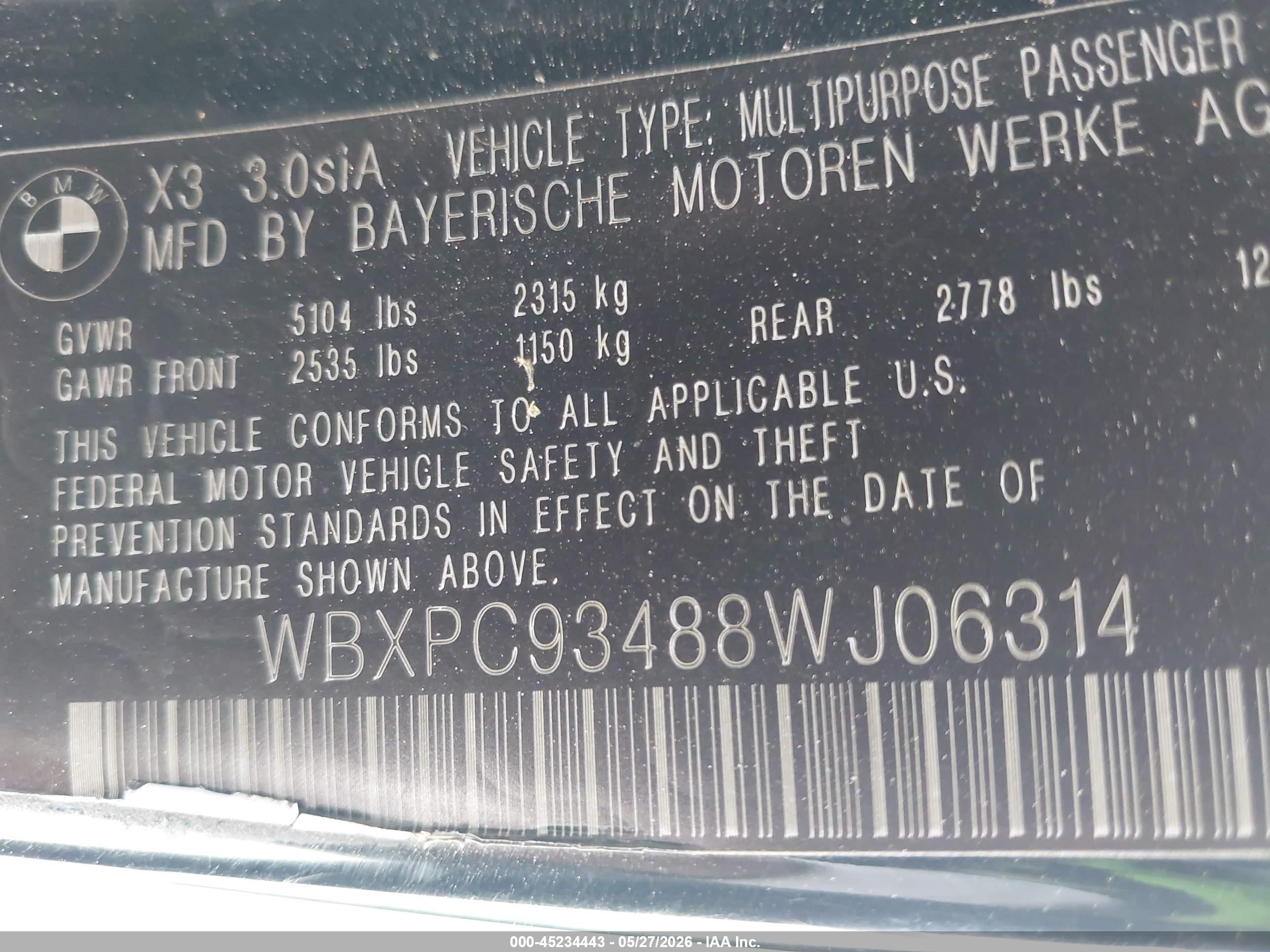 2008 Bmw X3 3.0si Black vin: WBXPC93488WJ06314