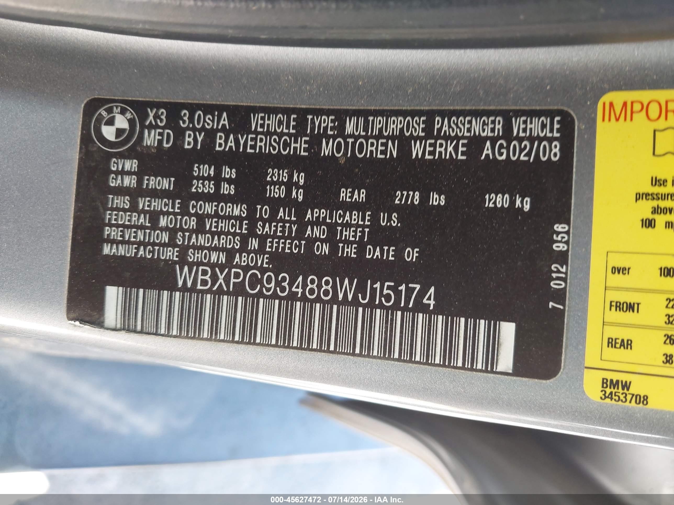 2008 Bmw X3 3.0si Silver vin: WBXPC93488WJ15174