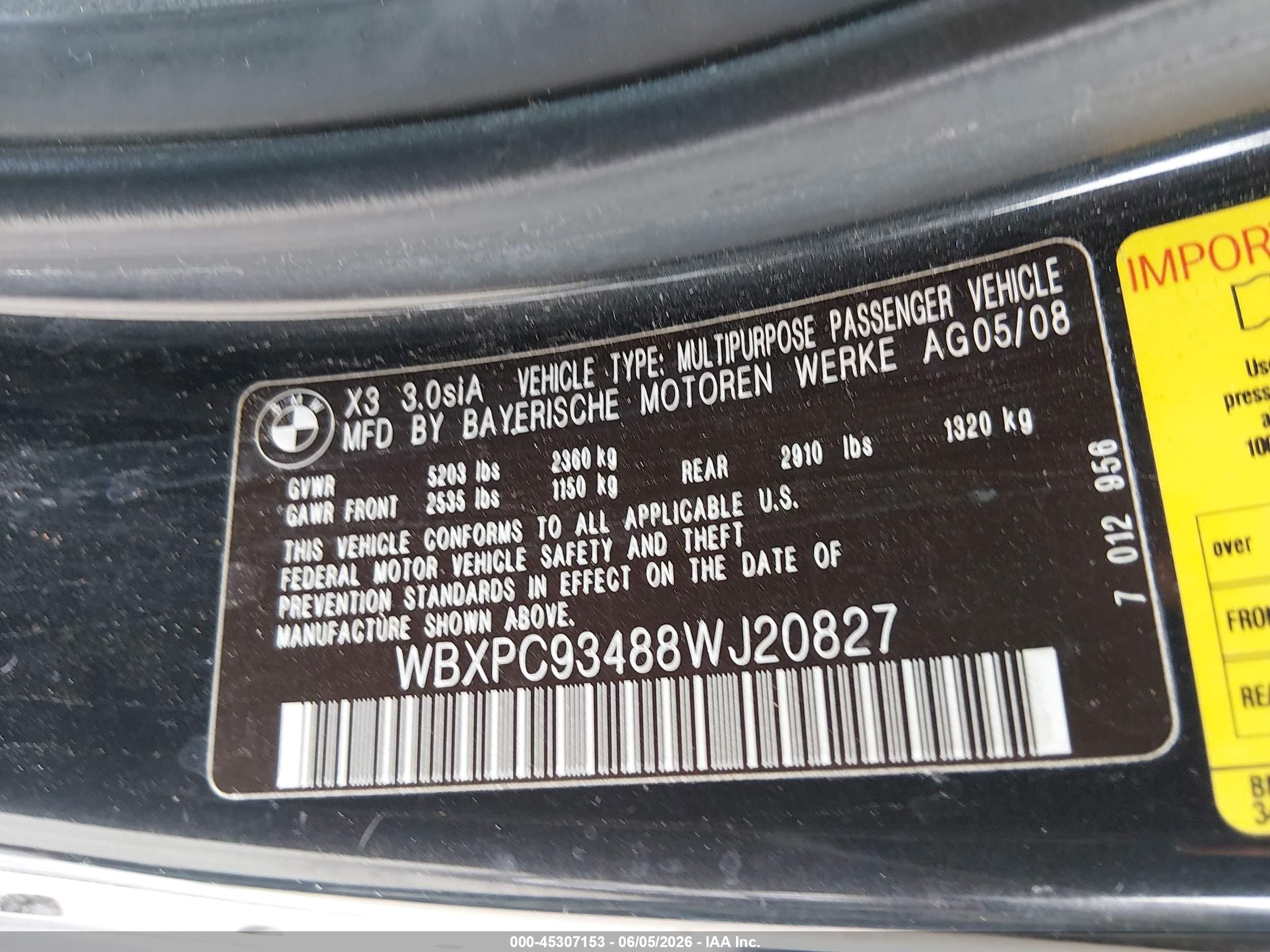 2008 Bmw X3 3.0si Black vin: WBXPC93488WJ20827