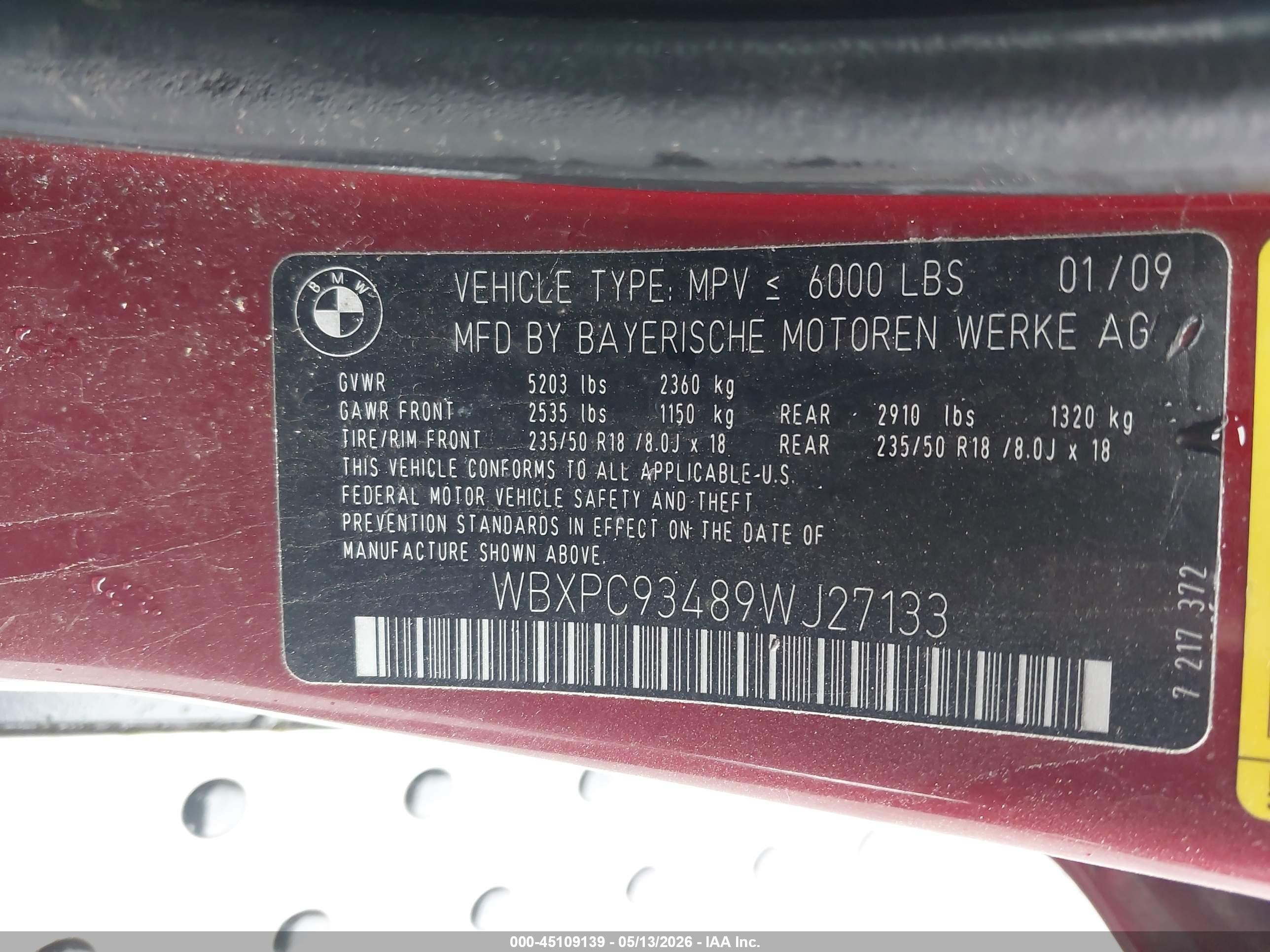2009 Bmw X3 Xdrive30i Red vin: WBXPC93489WJ27133