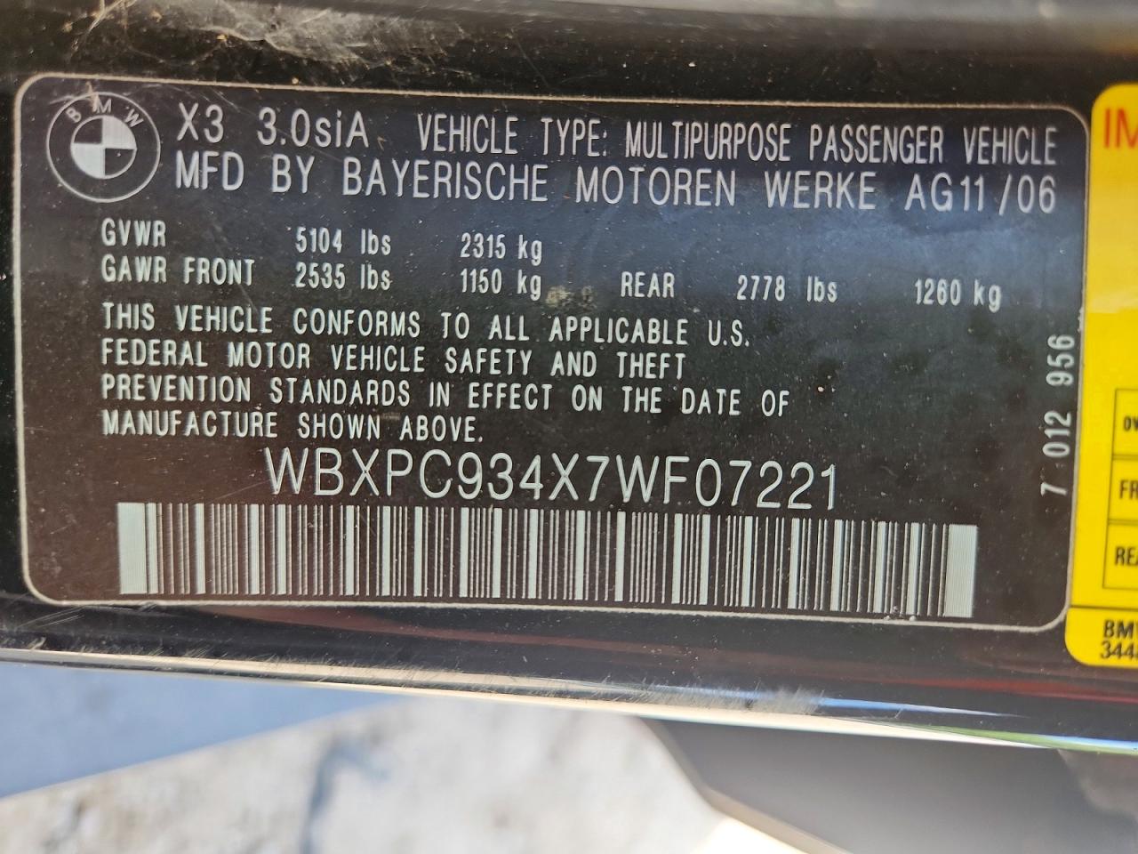 2007 Bmw X3 3.0si Black vin: WBXPC934X7WF07221