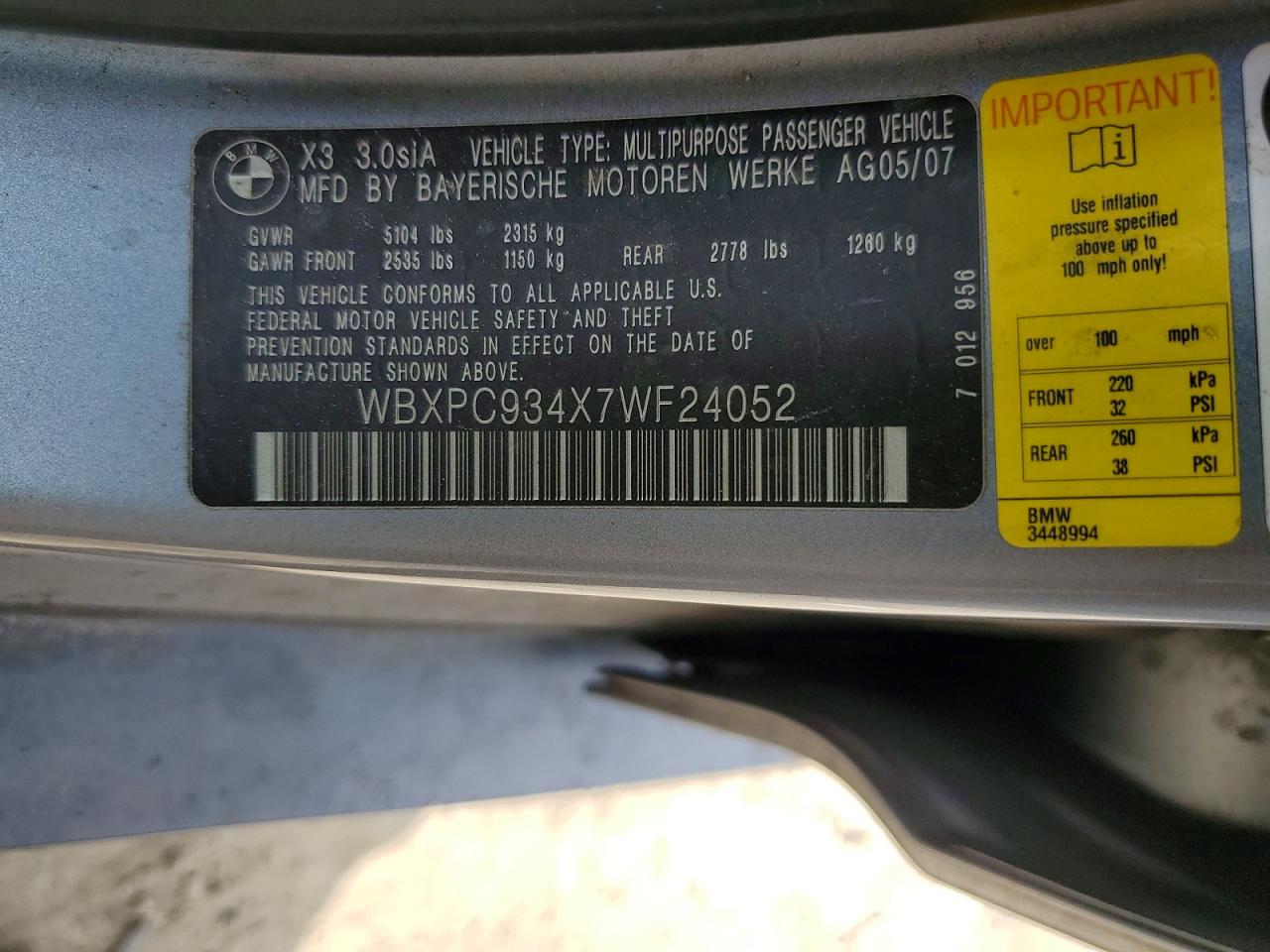 2007 Bmw X3 3.0si Gray vin: WBXPC934X7WF24052
