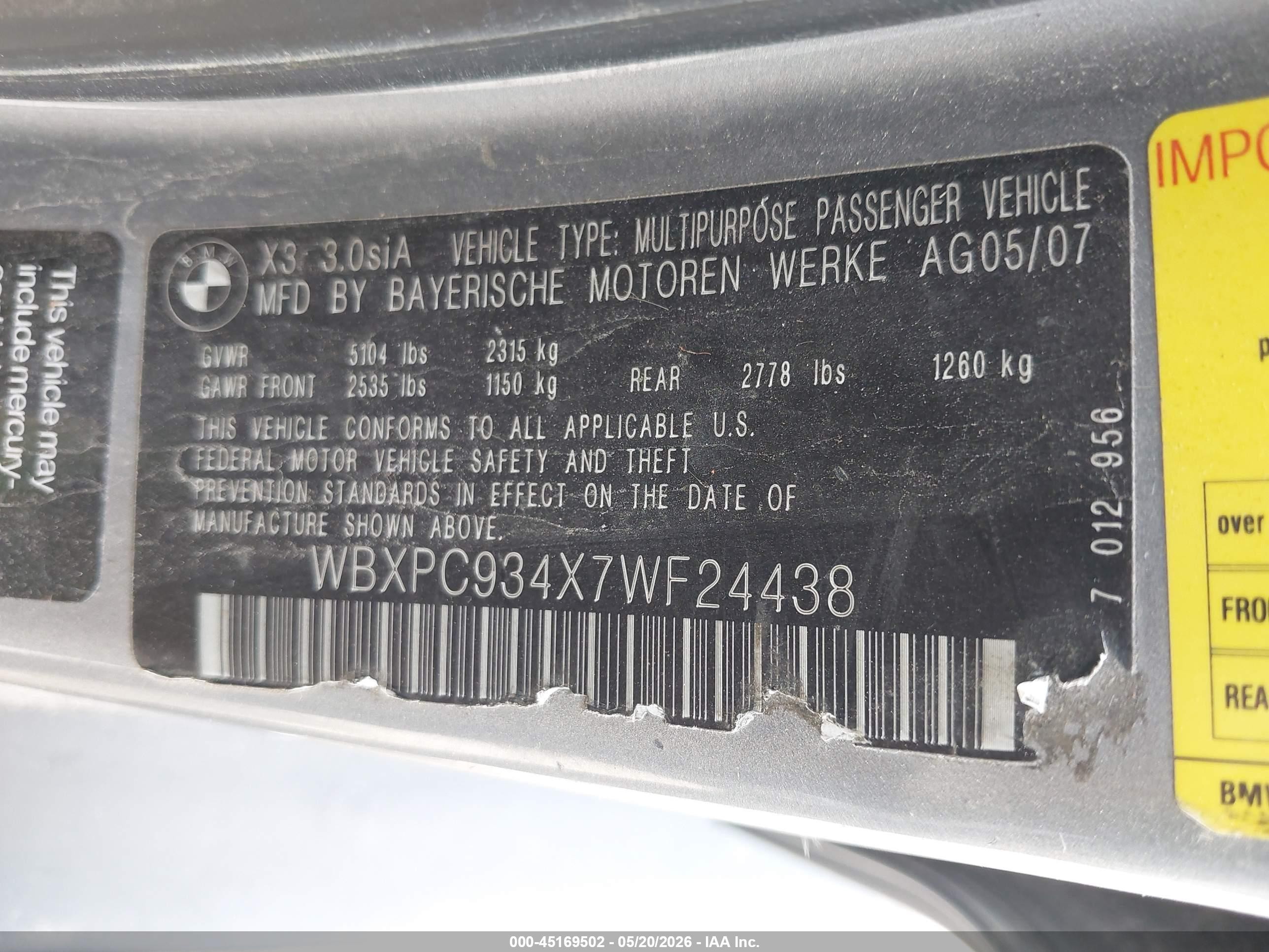 2007 Bmw X3 3.0si Tan vin: WBXPC934X7WF24438