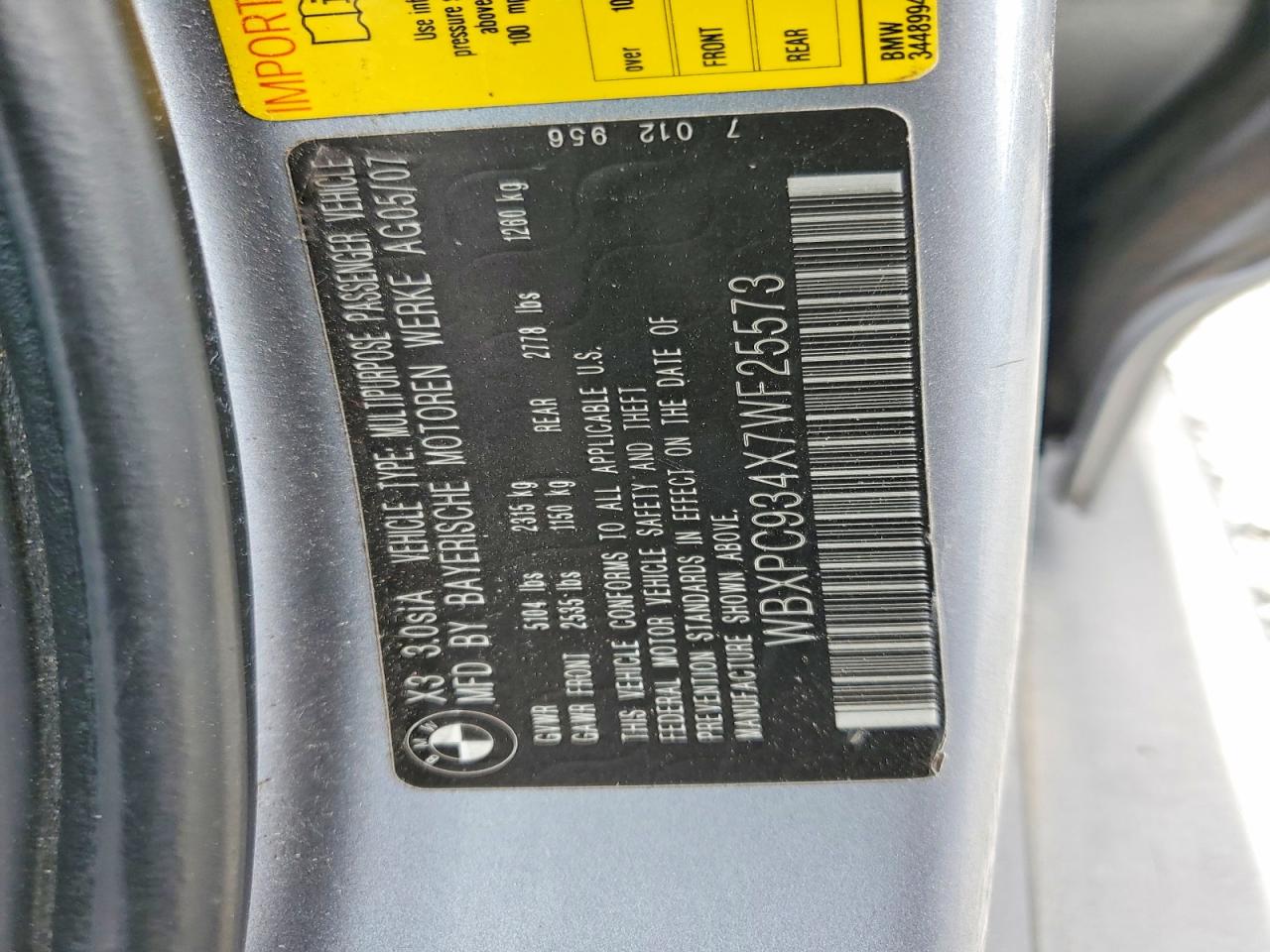 2007 Bmw X3 3.0si Charcoal vin: WBXPC934X7WF25573