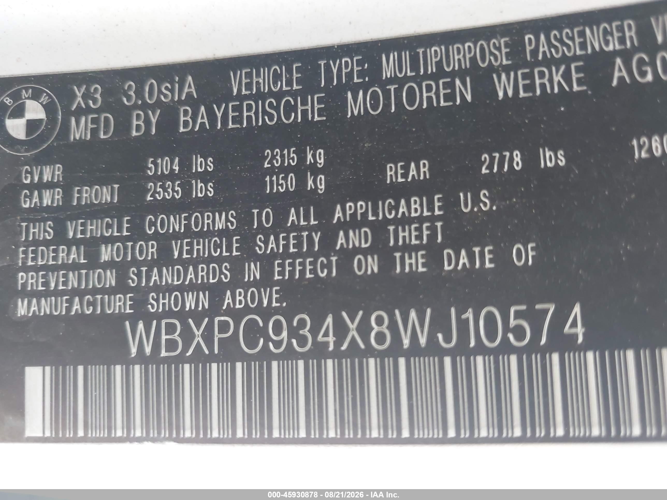 2008 Bmw X3 3.0si White vin: WBXPC934X8WJ10574