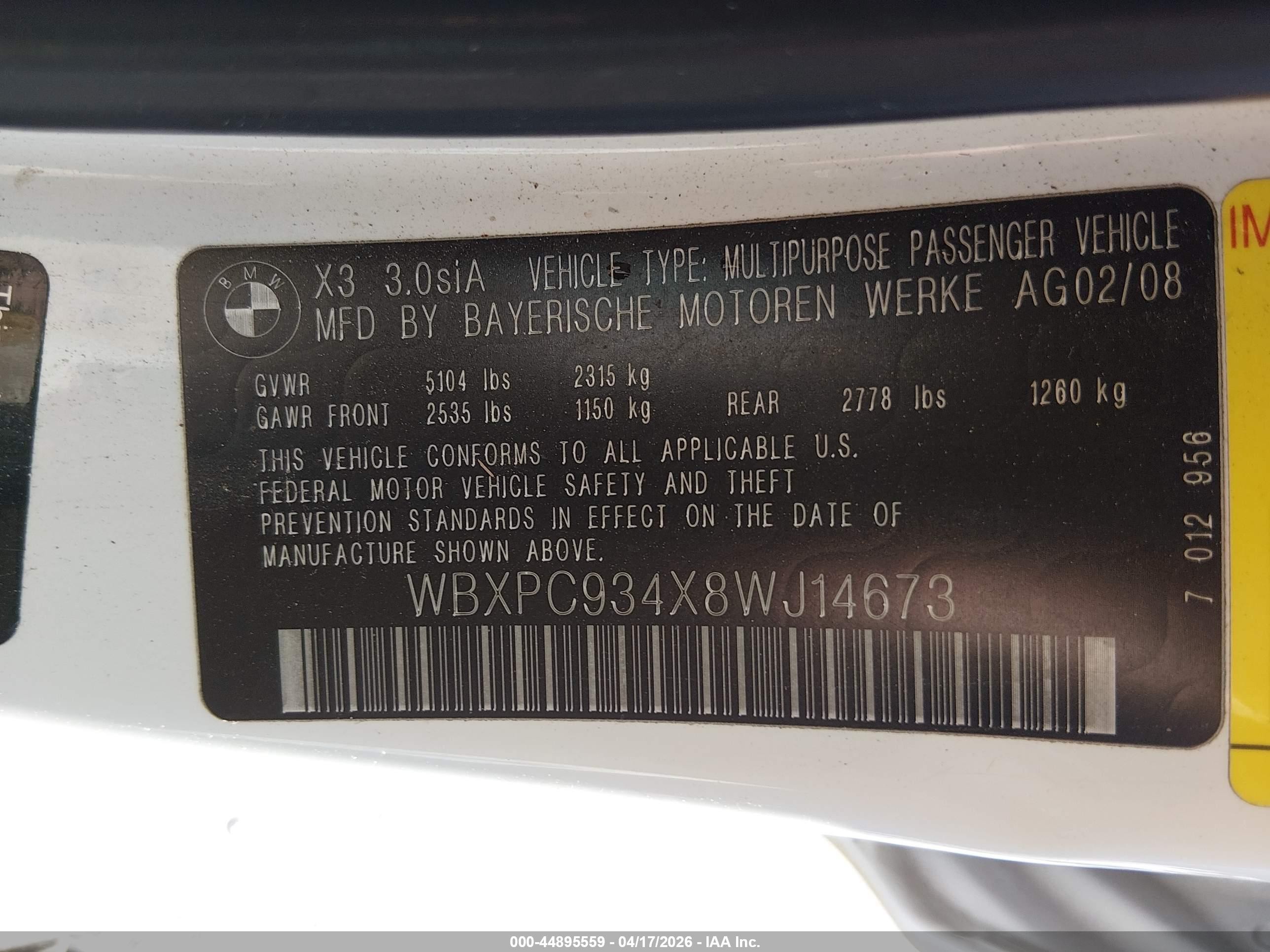 2008 Bmw X3 3.0si White vin: WBXPC934X8WJ14673