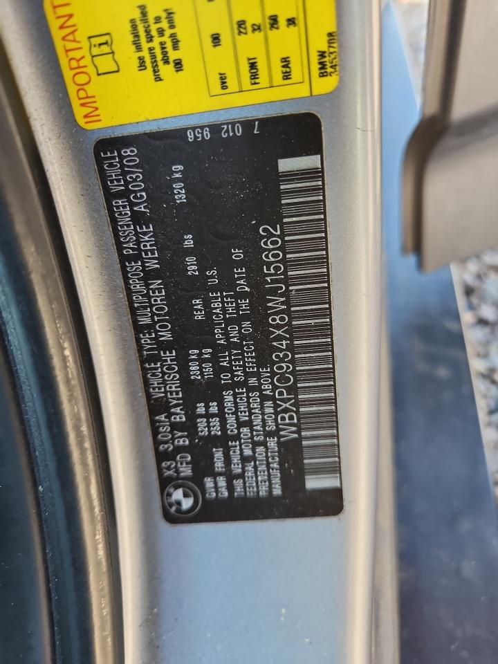 2008 Bmw X3 3.0si Silver vin: WBXPC934X8WJ15662