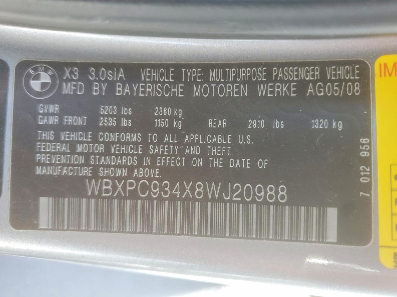2008 Bmw X3 3.0si Серебряный vin: WBXPC934X8WJ20988