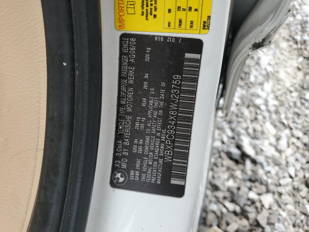 2008 Bmw X3 3.0si White vin: WBXPC934X8WJ23759