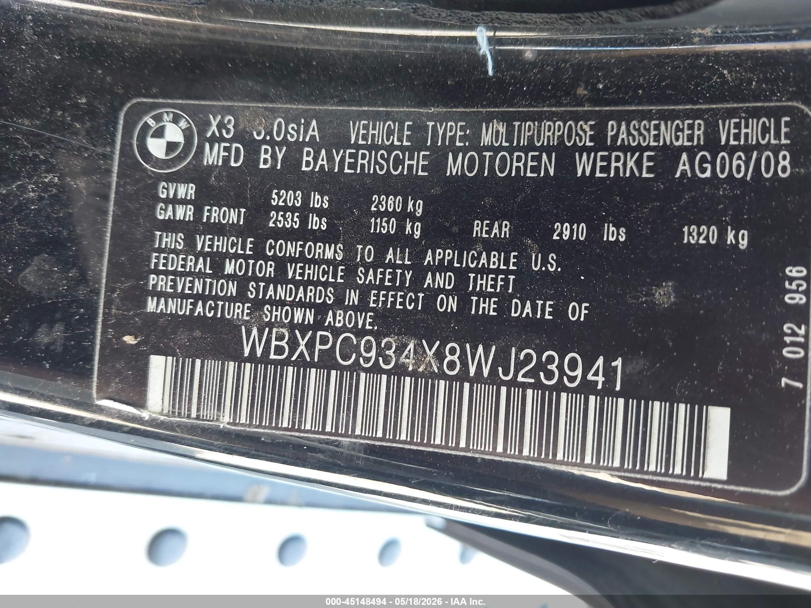 2008 Bmw X3 3.0si Black vin: WBXPC934X8WJ23941
