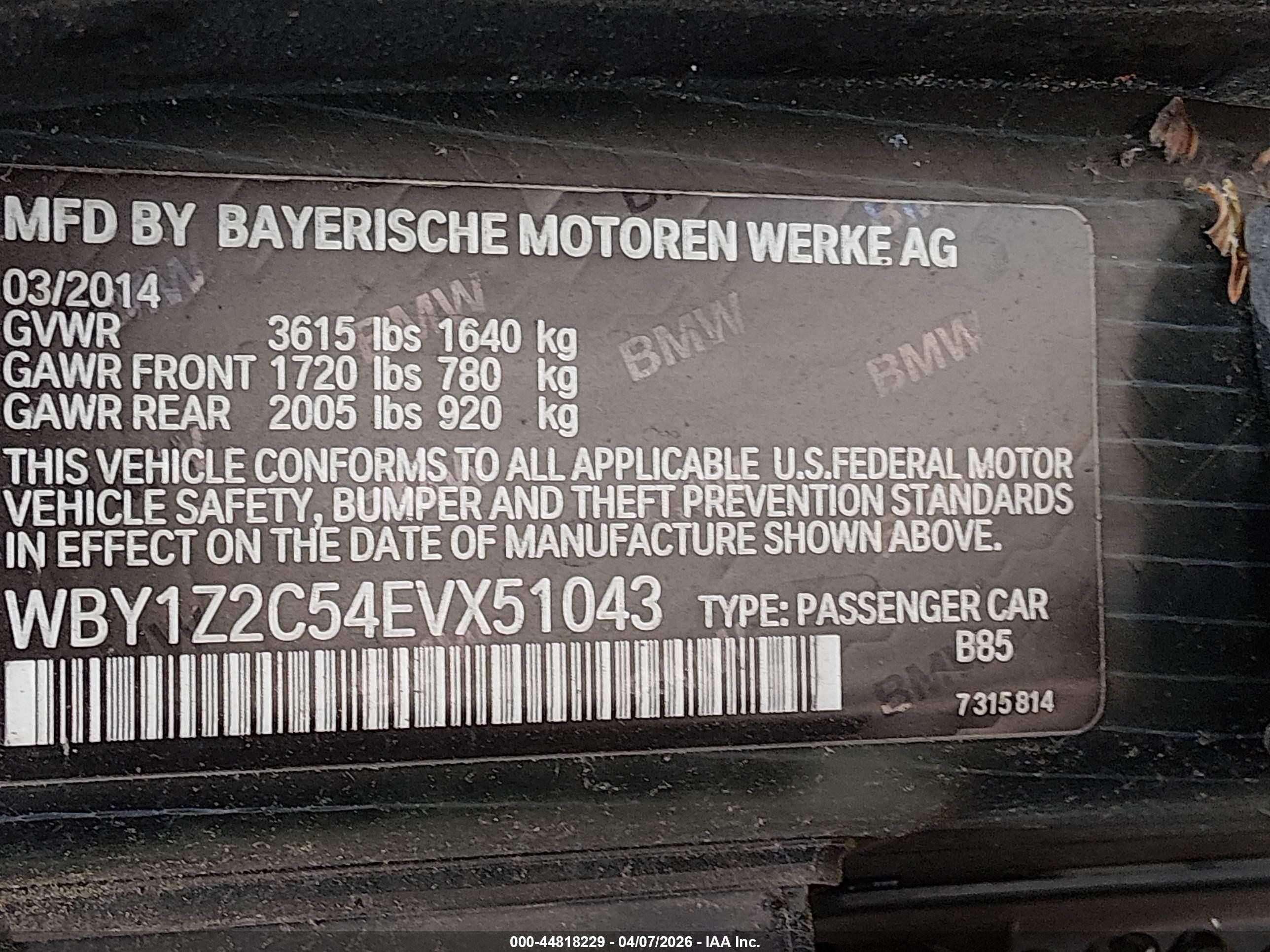 2014 Bmw I3 White vin: WBY1Z2C54EVX51043
