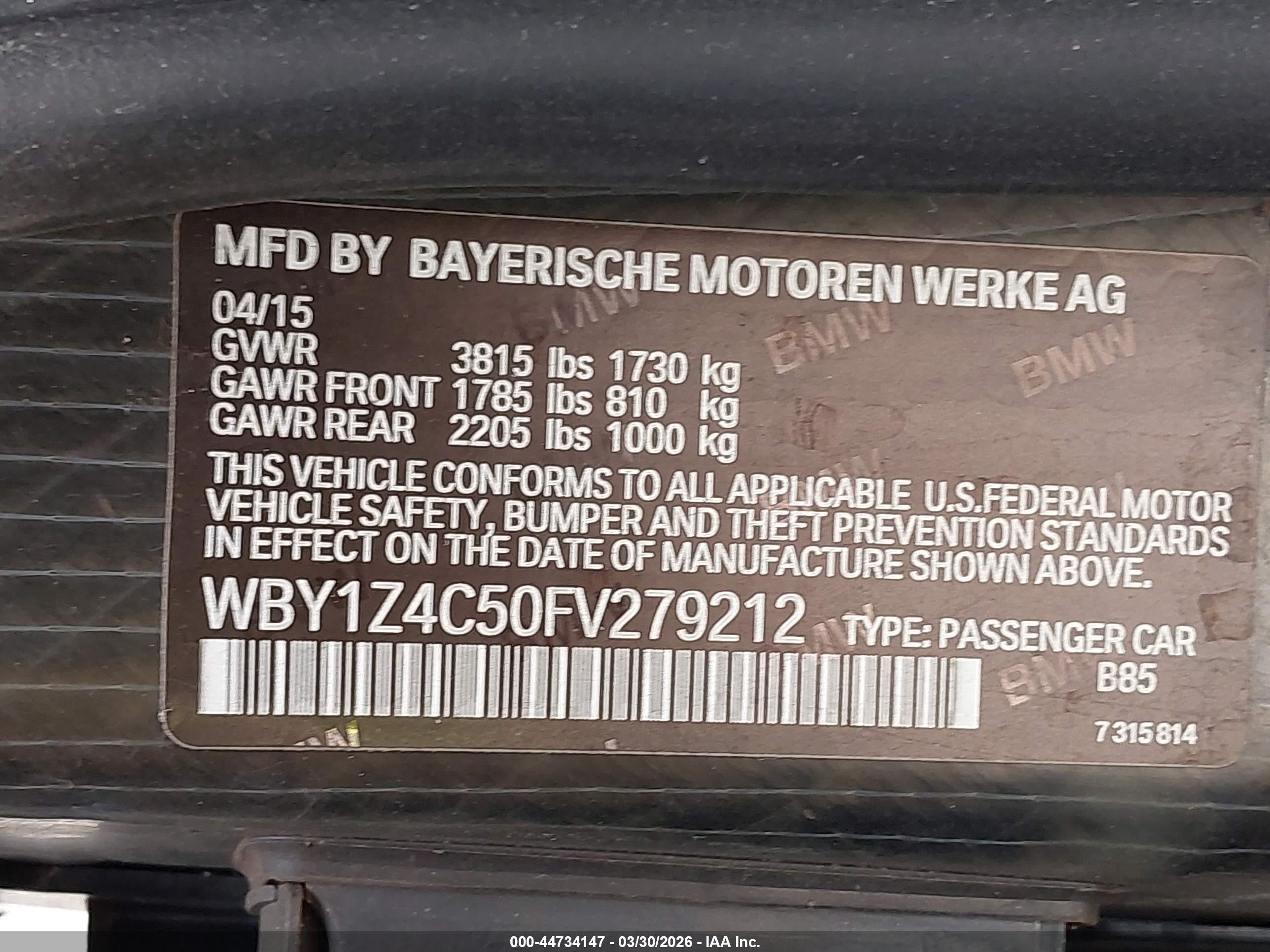 2015 Bmw I3 Base W/range Extender White vin: WBY1Z4C50FV279212