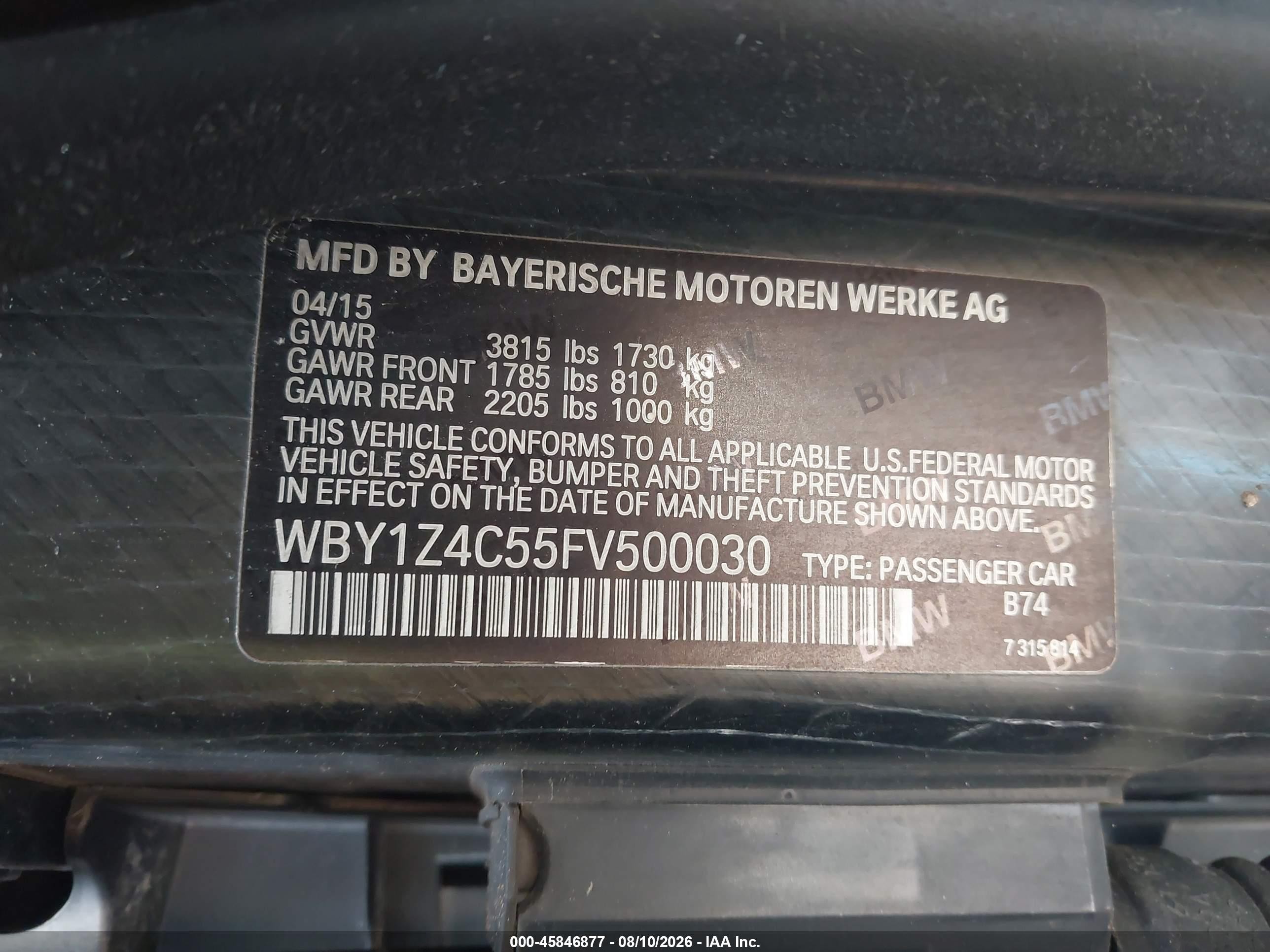 2015 Bmw I3 Base W/range Extender Gray vin: WBY1Z4C55FV500030