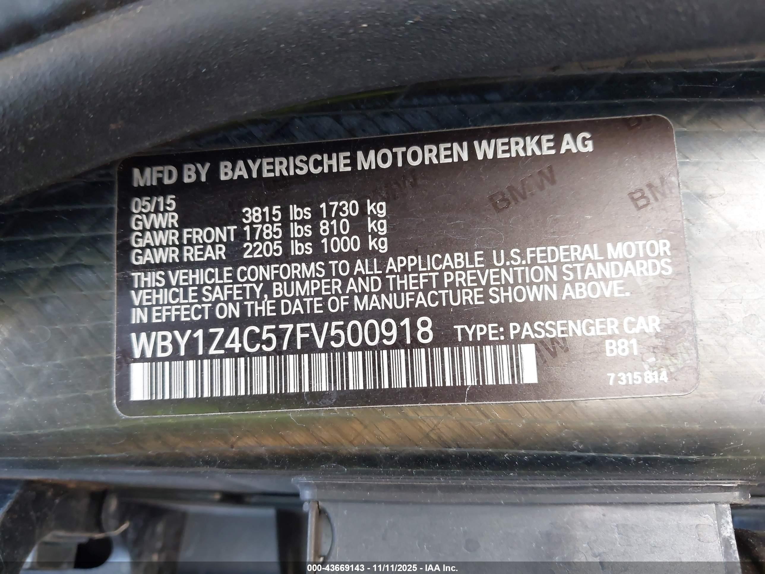 2015 Bmw I3 Base W/range Extender Black vin: WBY1Z4C57FV500918