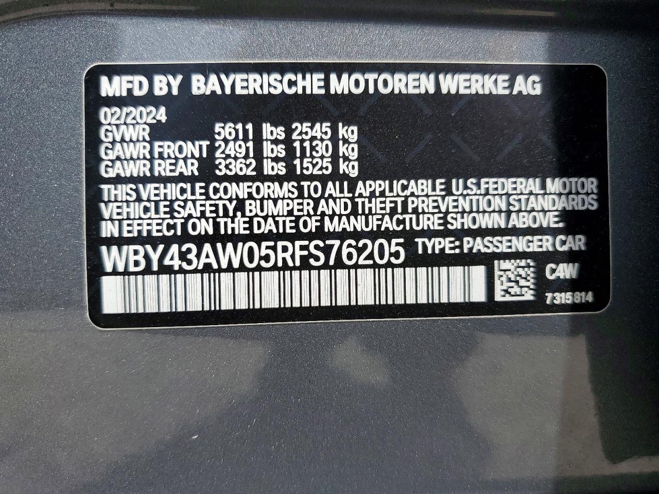 2024 Bmw I4 Edrive 35 Gray vin: WBY43AW05RFS76205