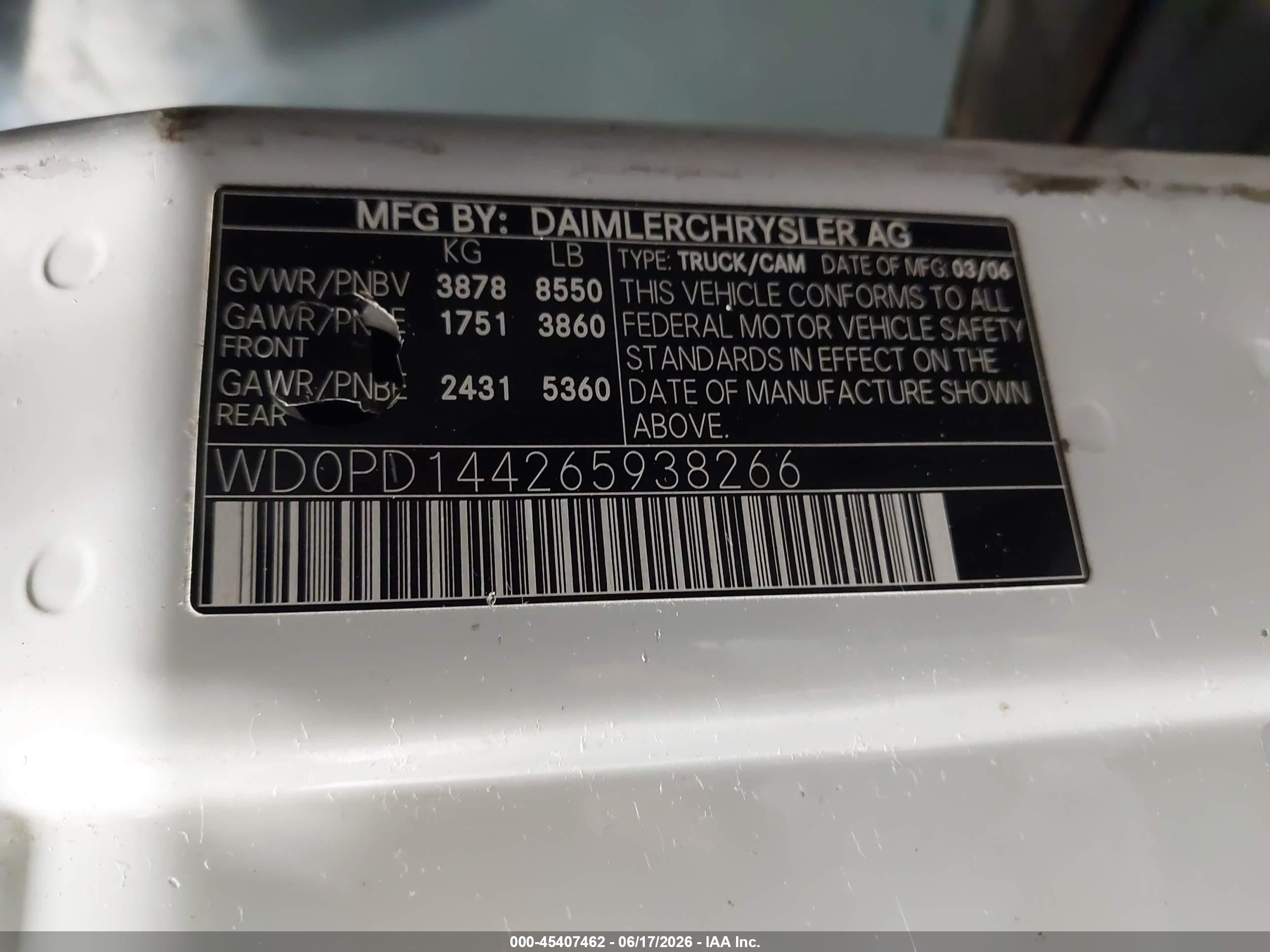 2006 Dodge Sprinter Van 2500 Hc White vin: WD0PD144265938266