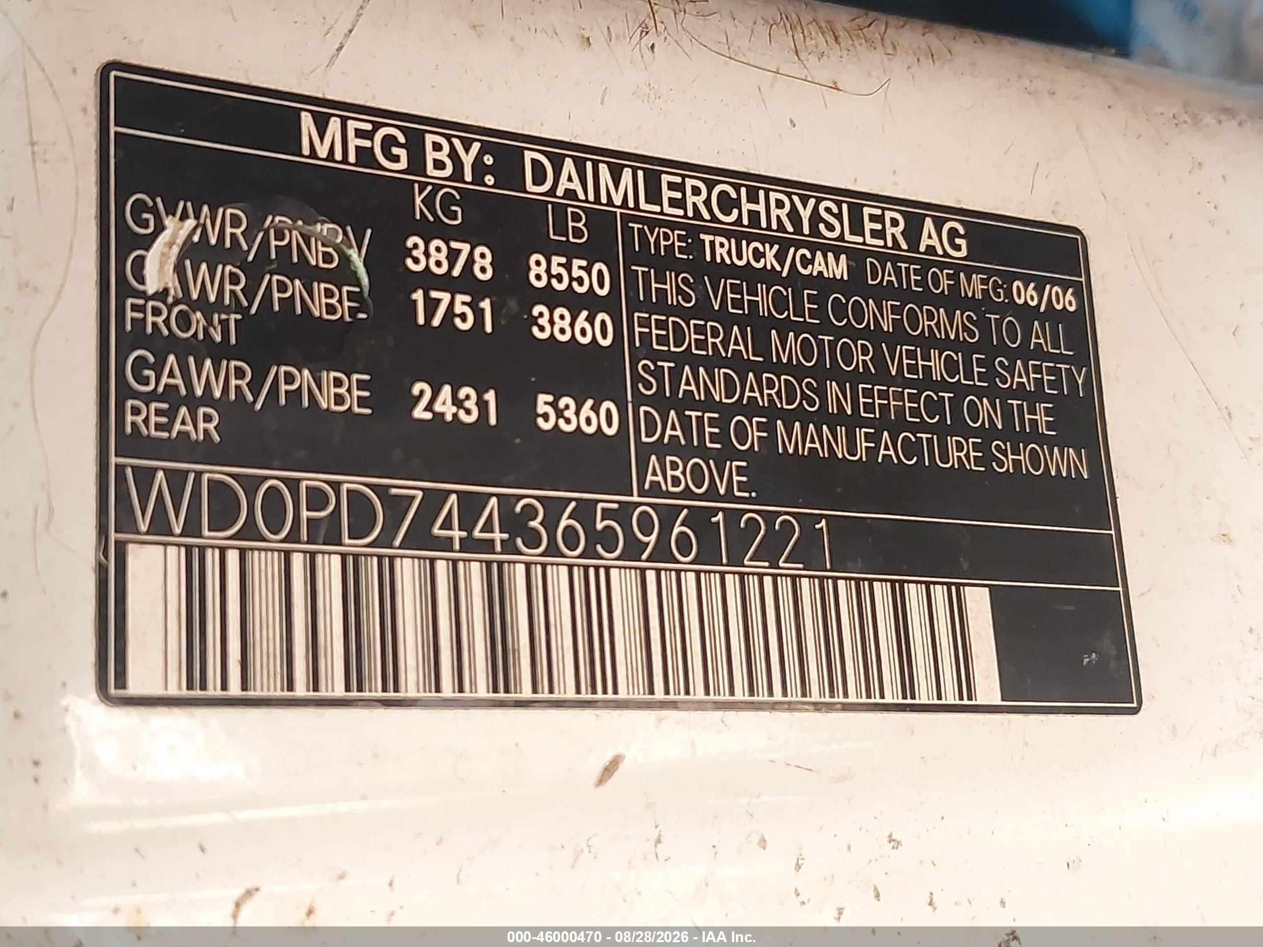 2006 Dodge Sprinter Van 2500 Shc White vin: WD0PD744365961221