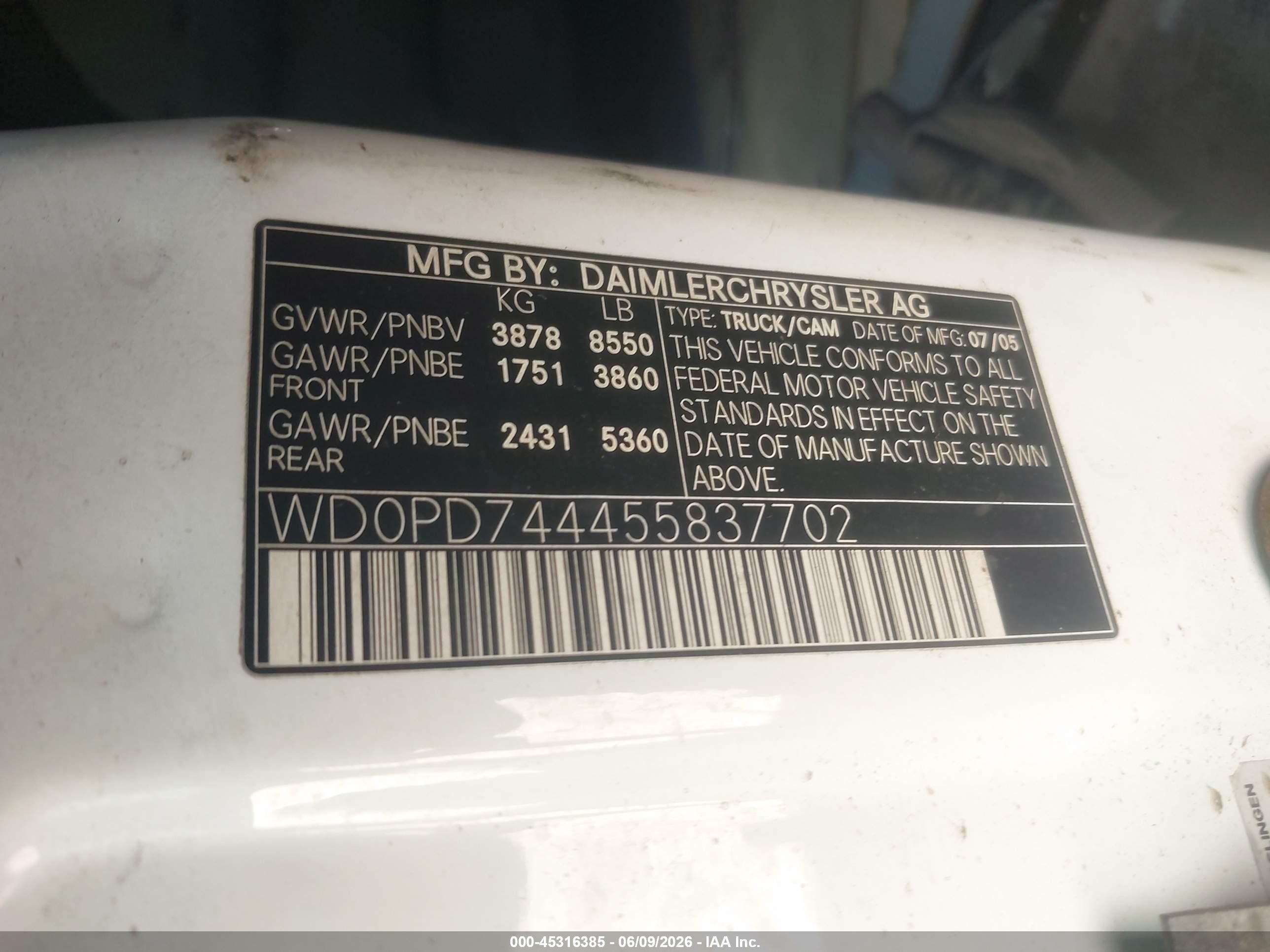 2005 Dodge Sprinter Van 2500 Shc White vin: WD0PD744455837702