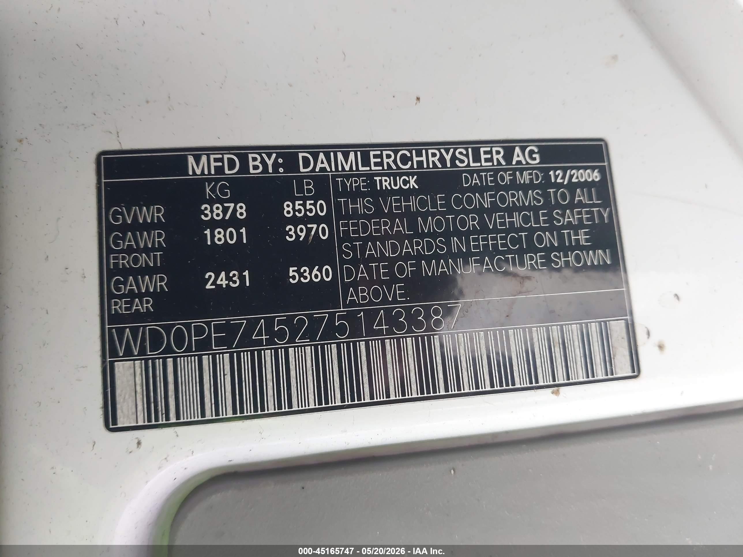 2007 Dodge Sprinter Van 2500   Белый vin: WD0PE745275143387