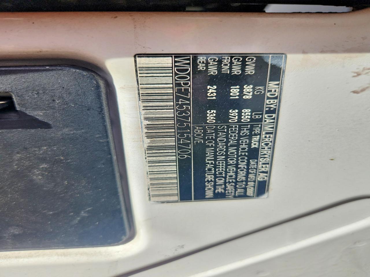 2007 Dodge Sprinter 2500 White vin: WD0PE745375154706