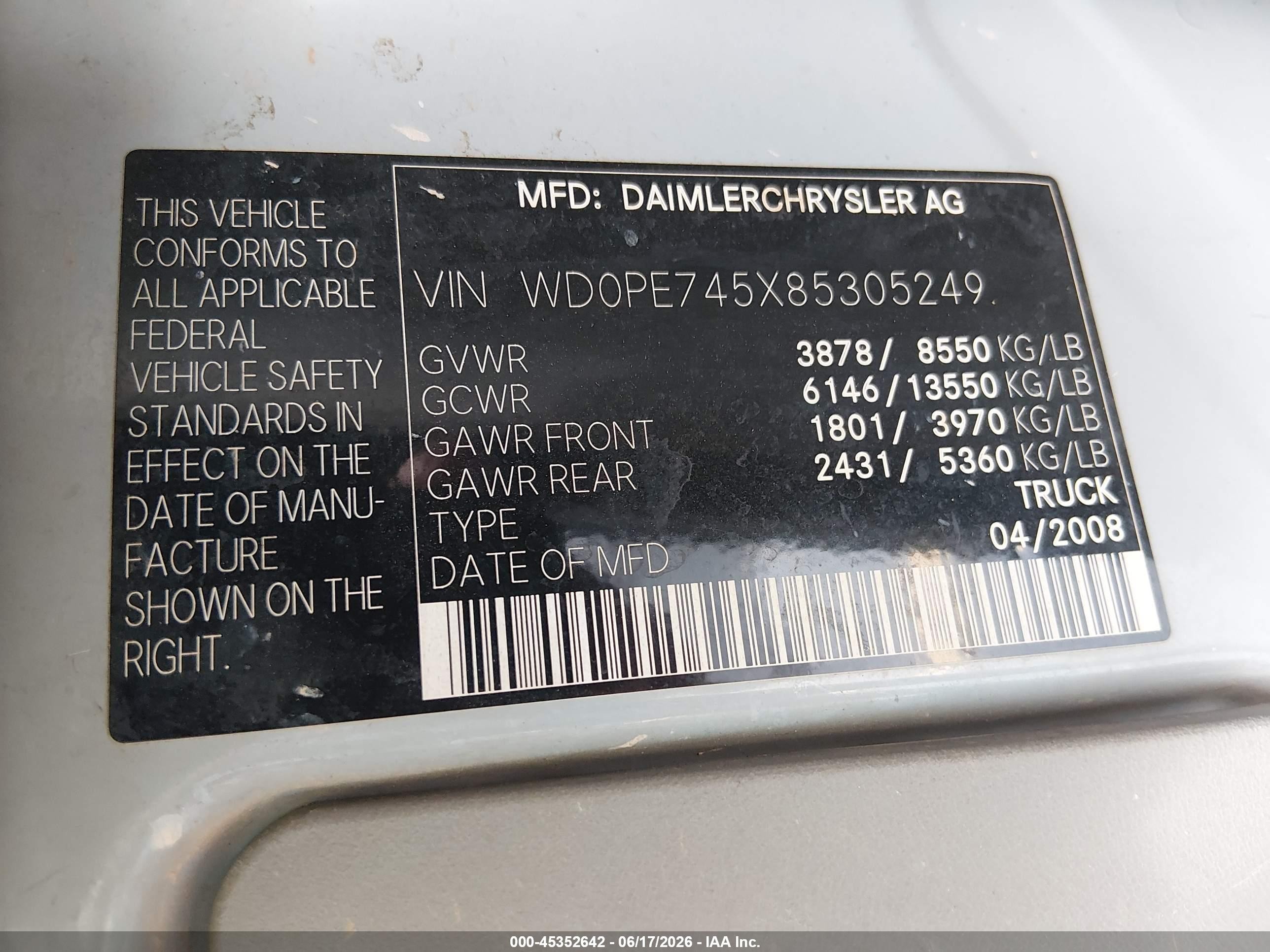 2008 Dodge Sprinter Van 2500   Light Blue vin: WD0PE745X85305249