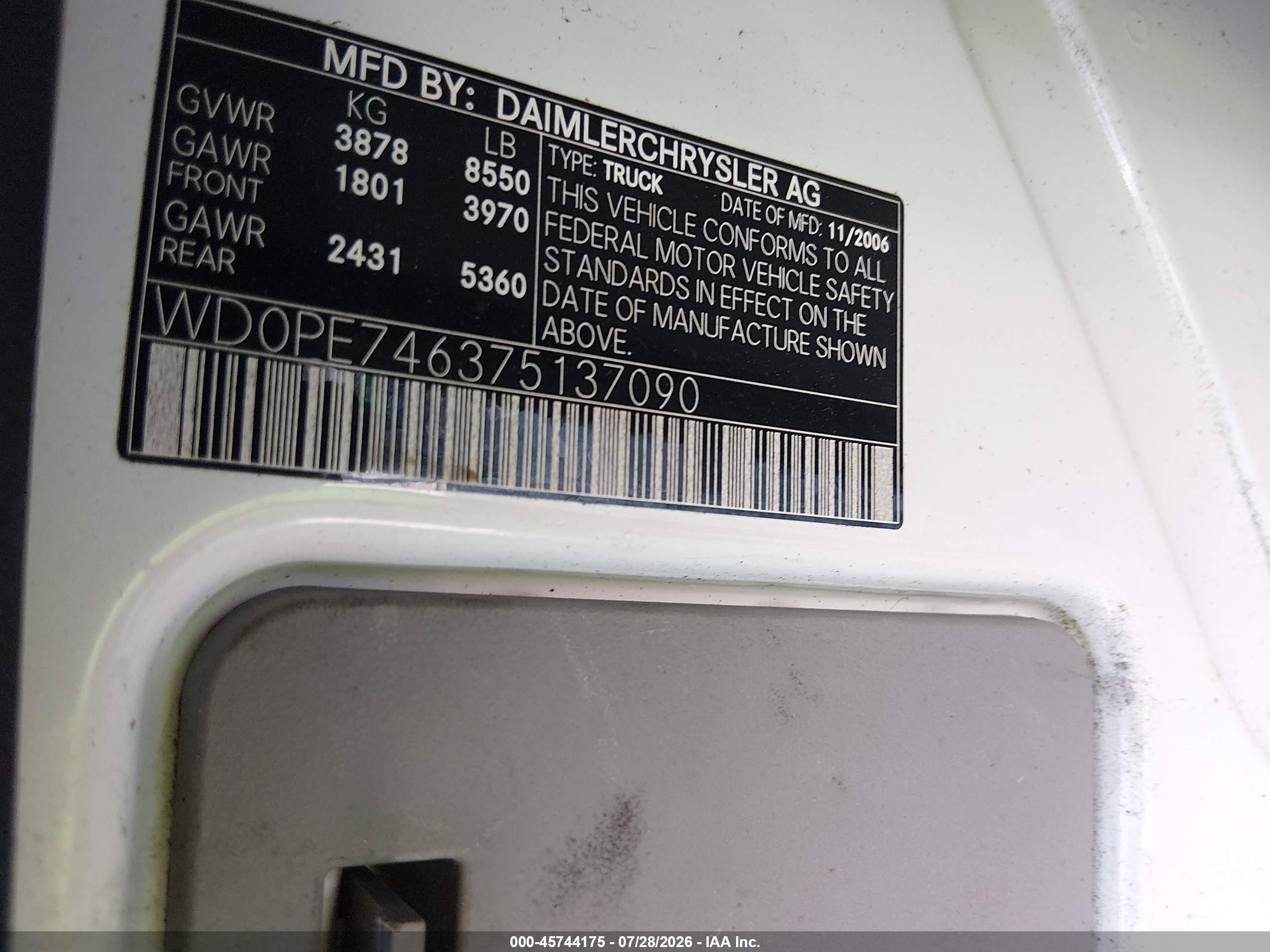 2007 Dodge Sprinter Van 2500   White vin: WD0PE746375137090