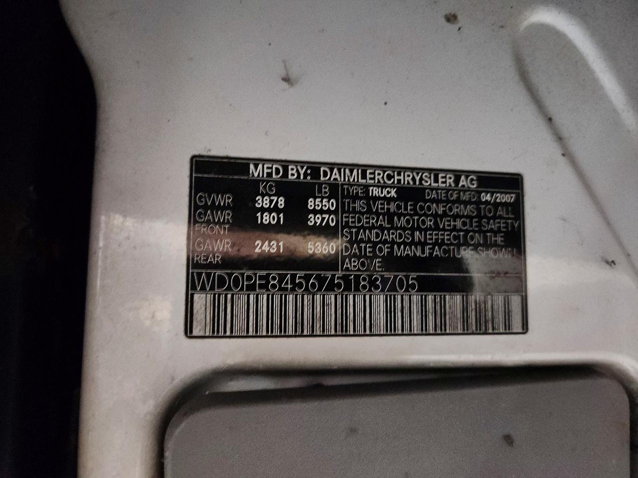 2007 Dodge Sprinter 2500 White vin: WD0PE845675183705